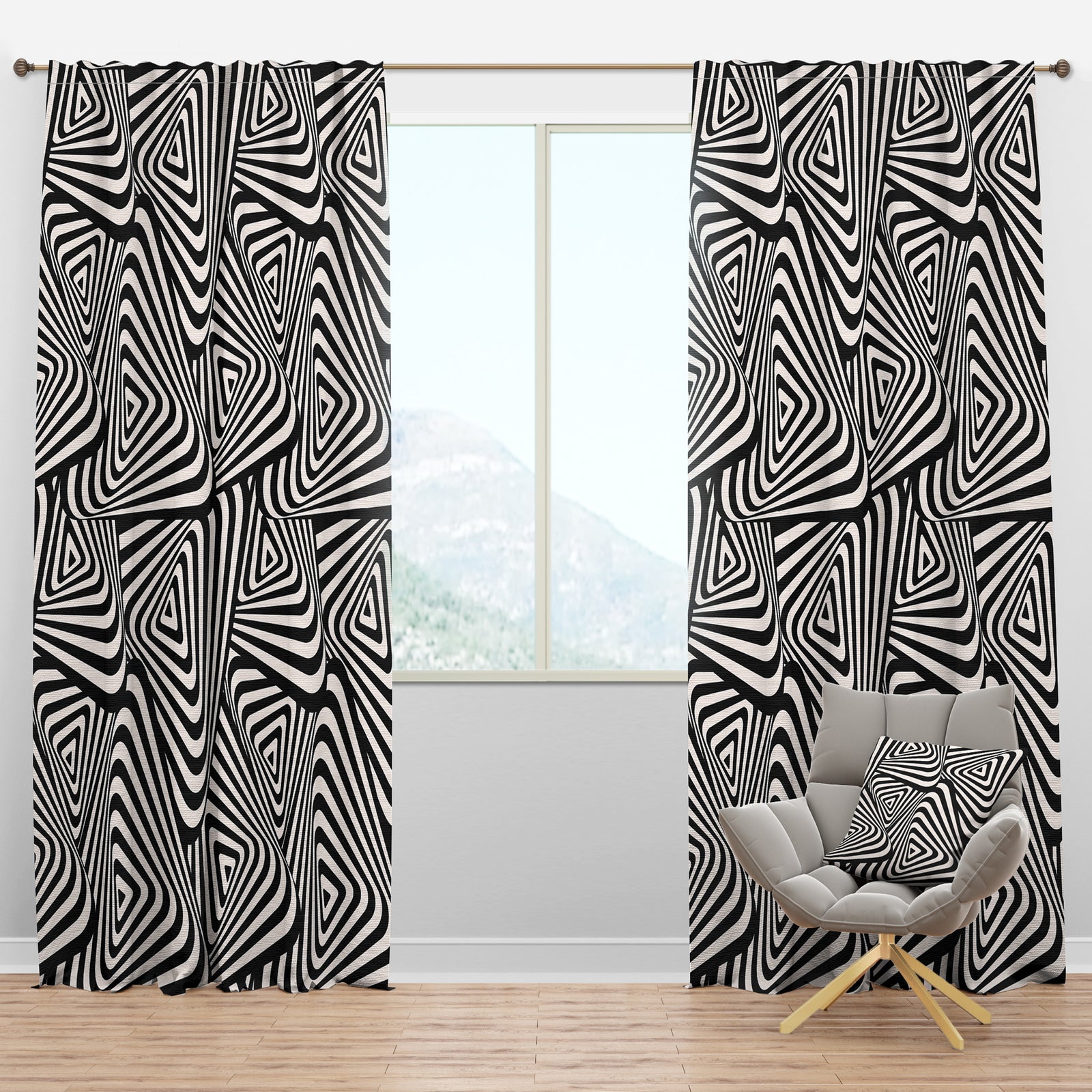 Retro Dynamic Triangular Black and White Geometry - Modern & Contemporary Curtain Panels