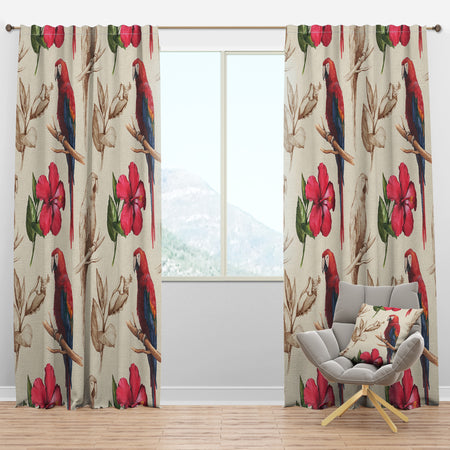 Macaw Parrot and Hibiscus Flower - Floral Curtain Panels