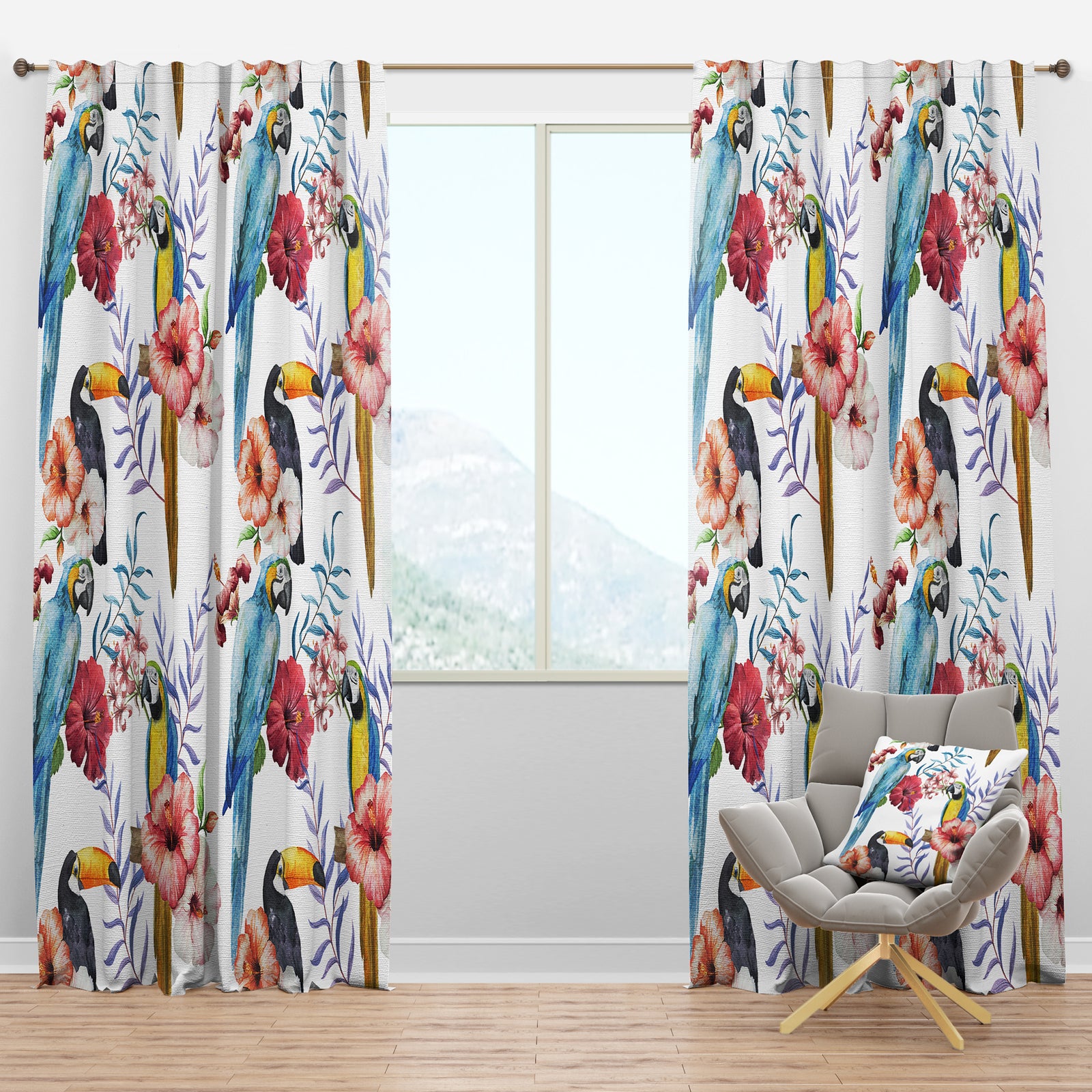 Parrots, Hibiscus and Toucan - Animals Curtain Panels