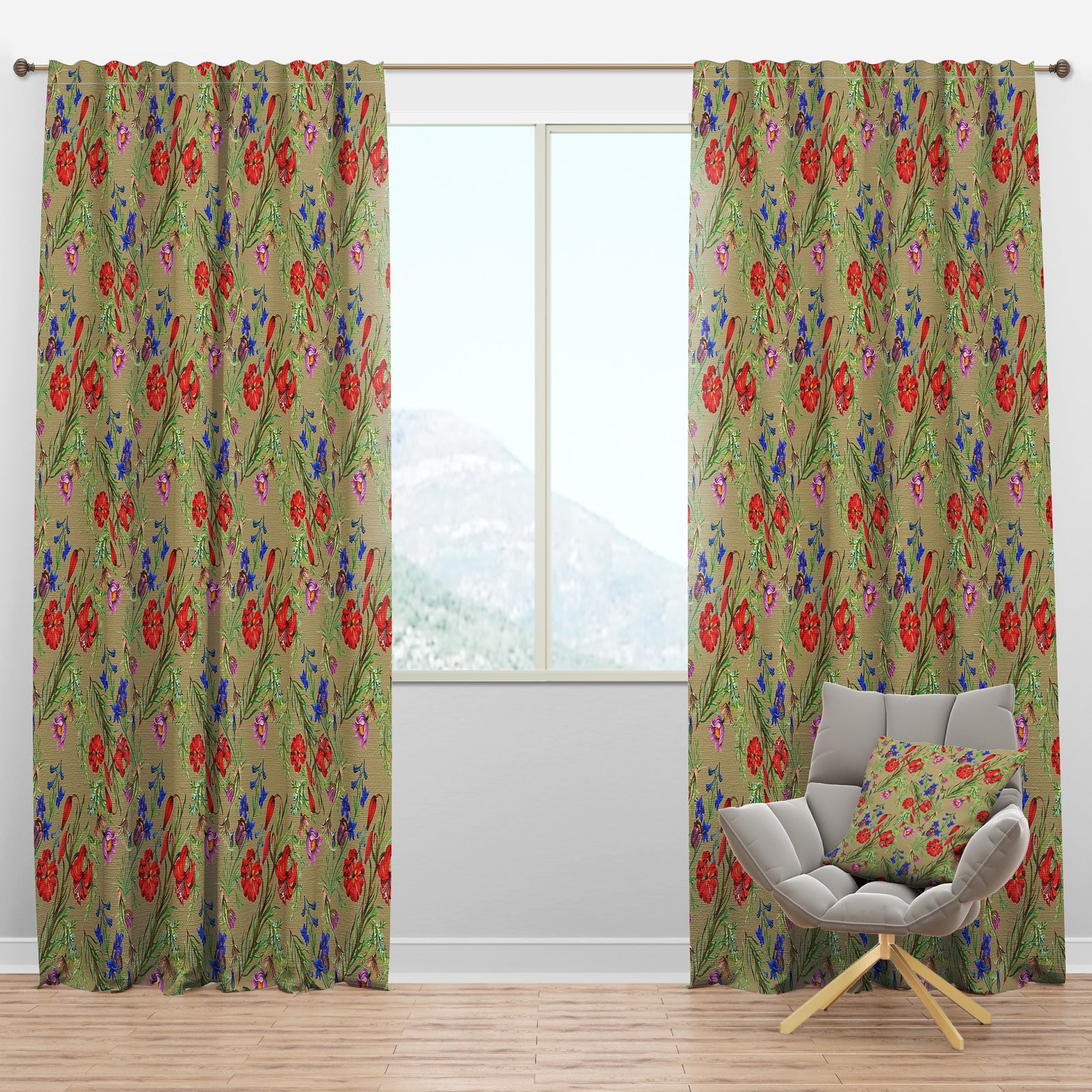 Red, Purple and Little Blue Blossoming Flowers - Floral Curtain Panels