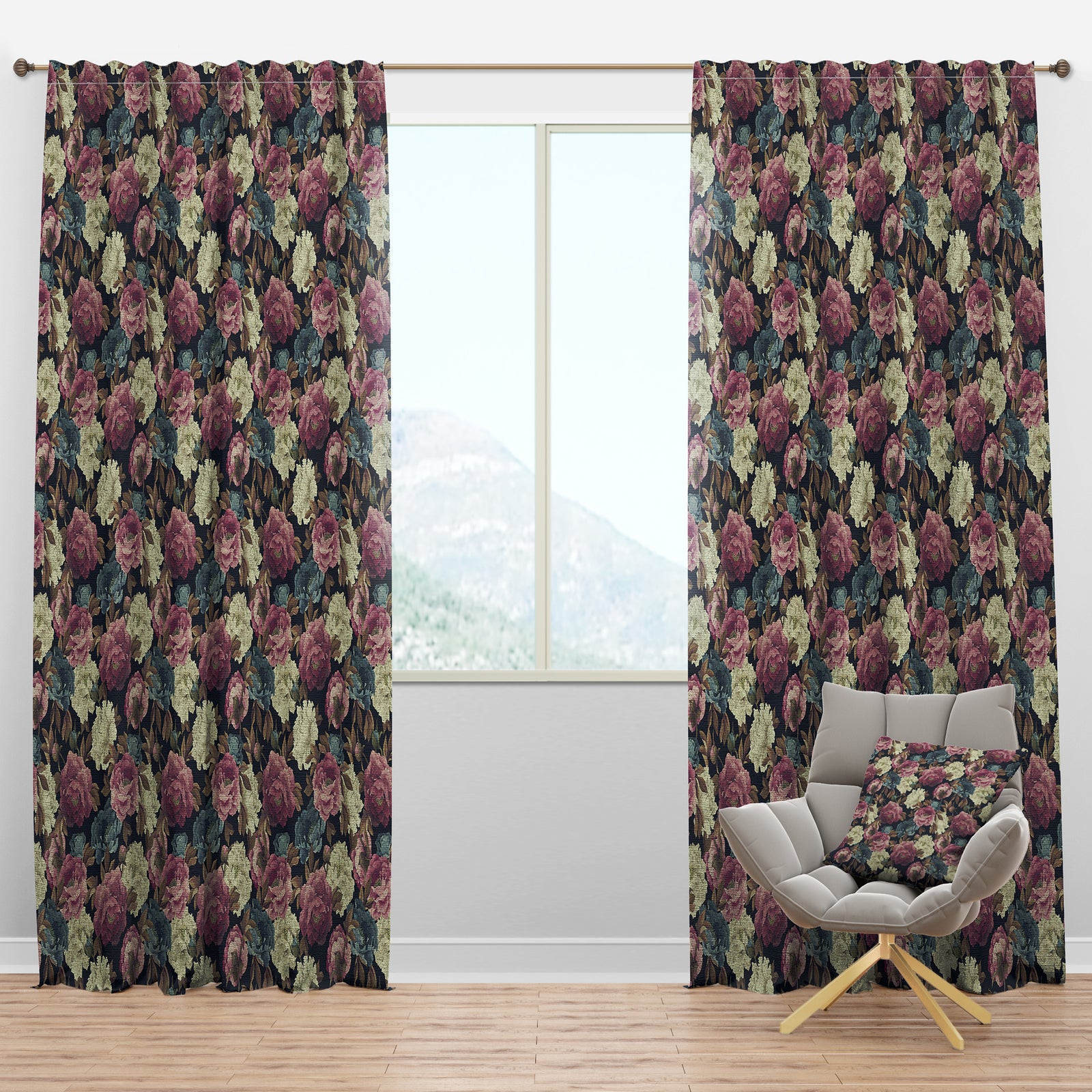 Pink , White and Blue Peonies - Floral Curtain Panels