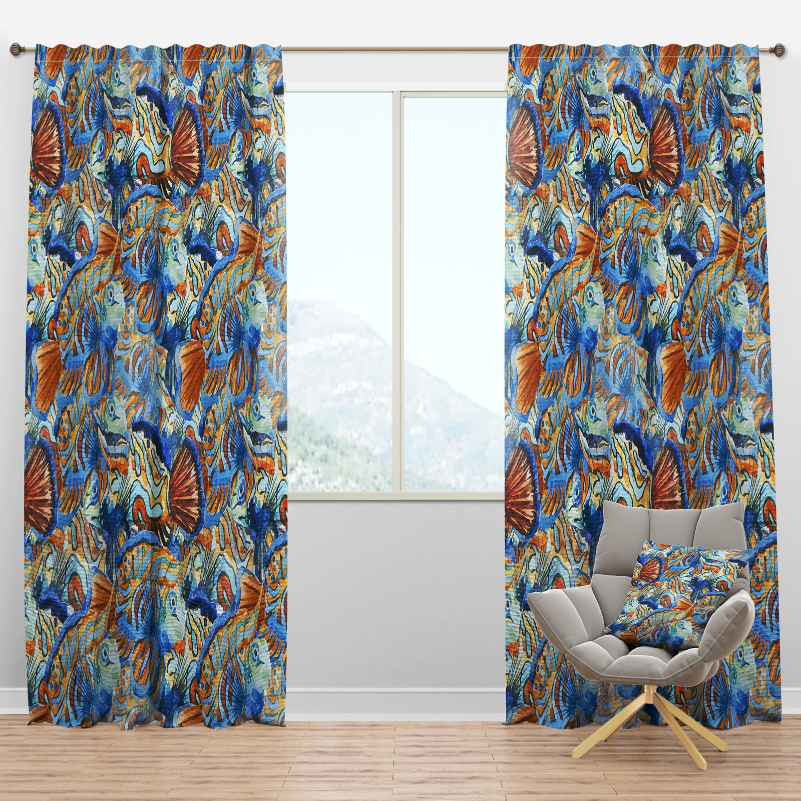 Handpainted Orange and Blue Fishes - Animals Curtain Panels