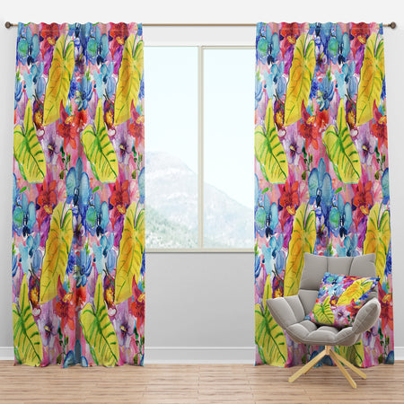 Tropical Yellow Leaves and Blue and Red Flowers - Floral Curtain Panels