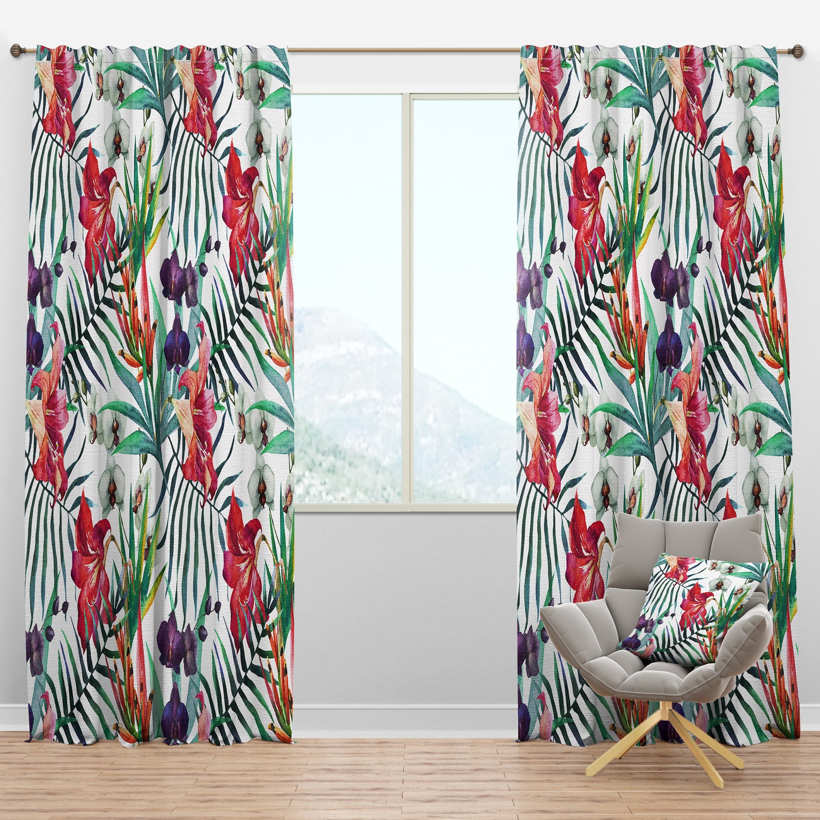 Orchids and Blossoming Tropical Flowers - Floral Curtain Panels
