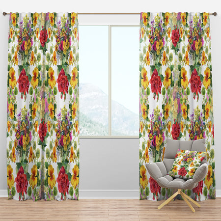 Blooming Red Roses And Hibiscus - Floral Curtain Panels