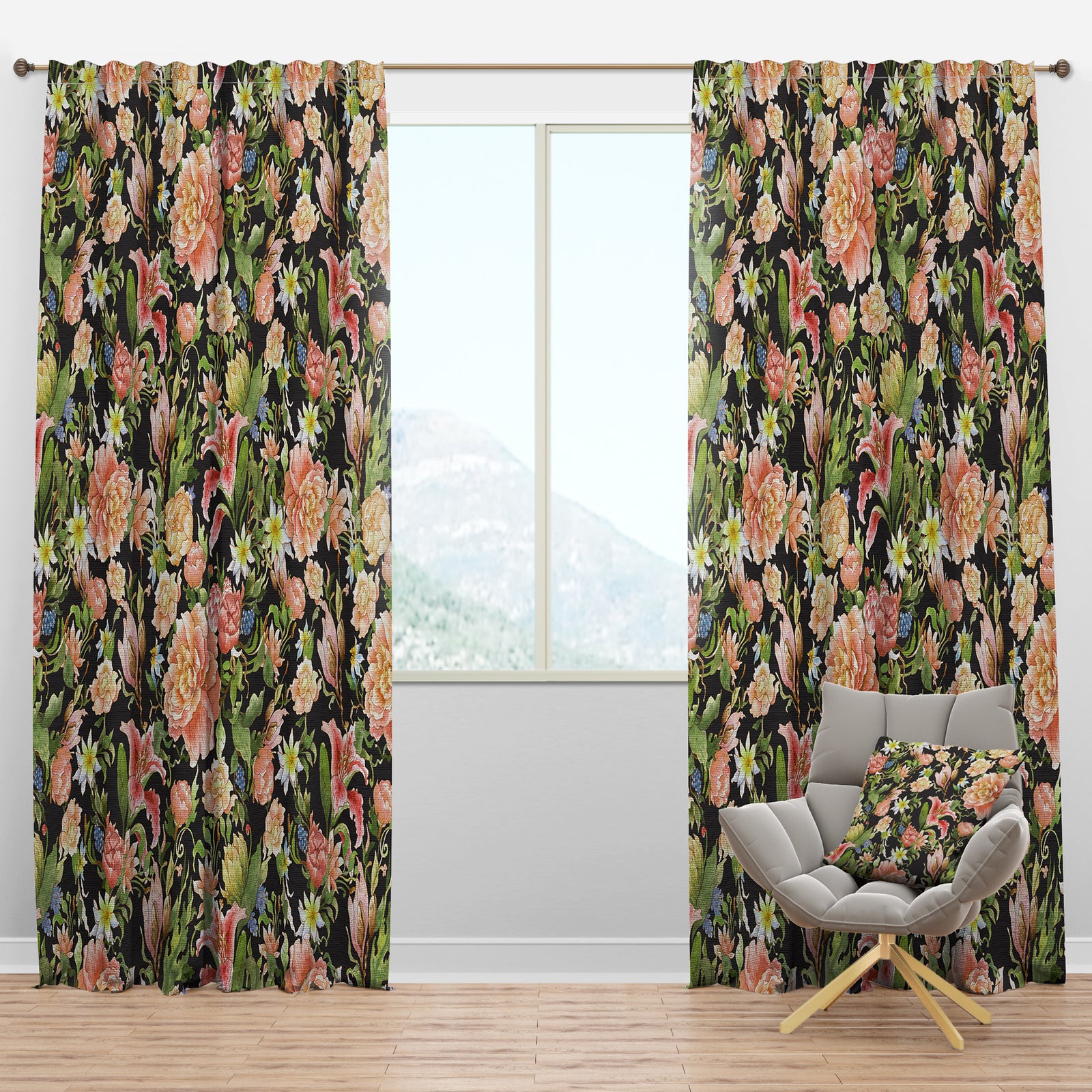 Pink Watercolored Blossoming Flowers - Floral Curtain Panels