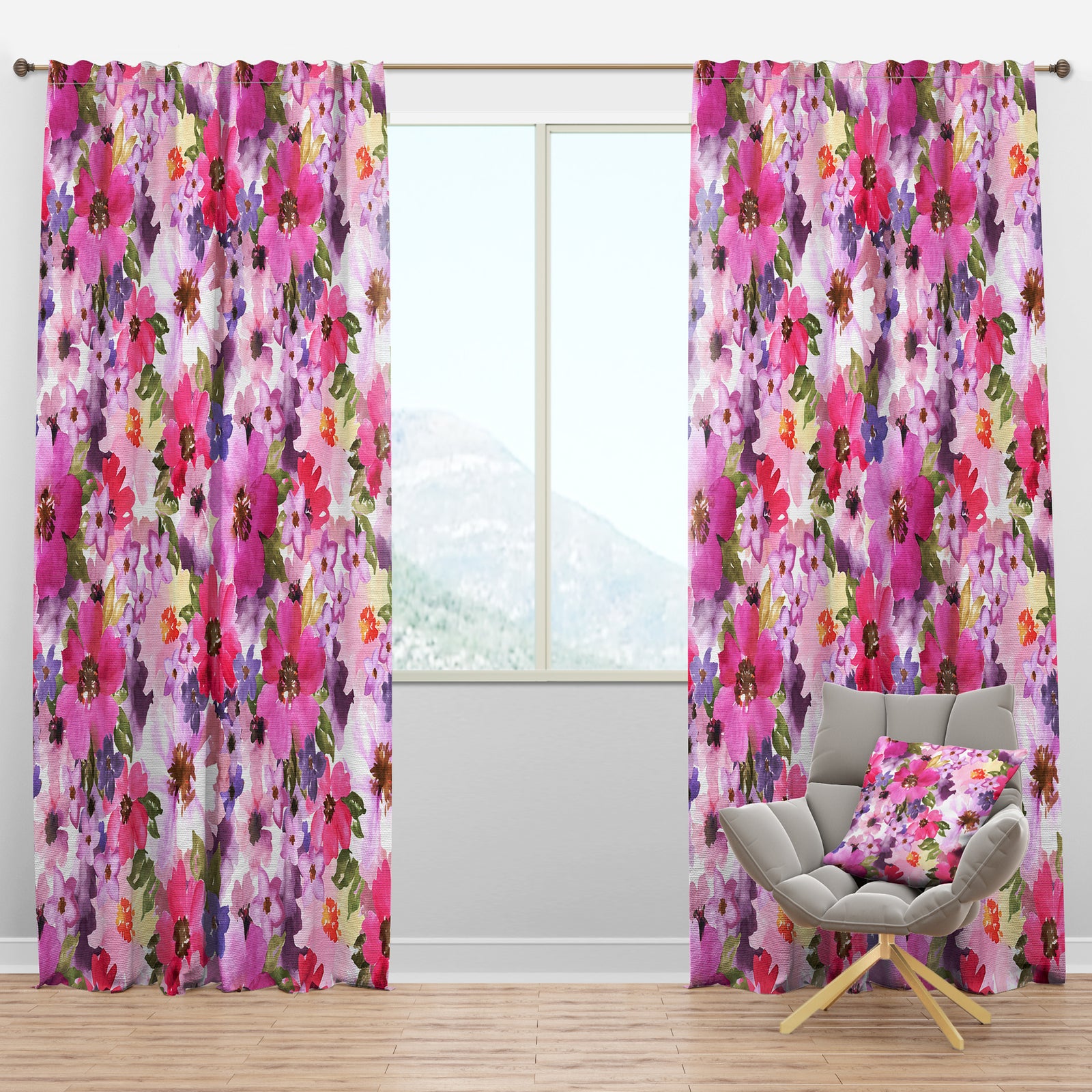 Watercolor Pianted Pink and Purple Flowers - Floral Curtain Panels