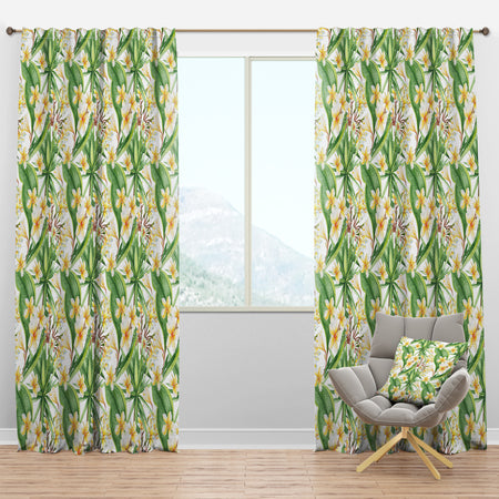 White Tropical Flowers in Botanic Setting - Floral Curtain Panels