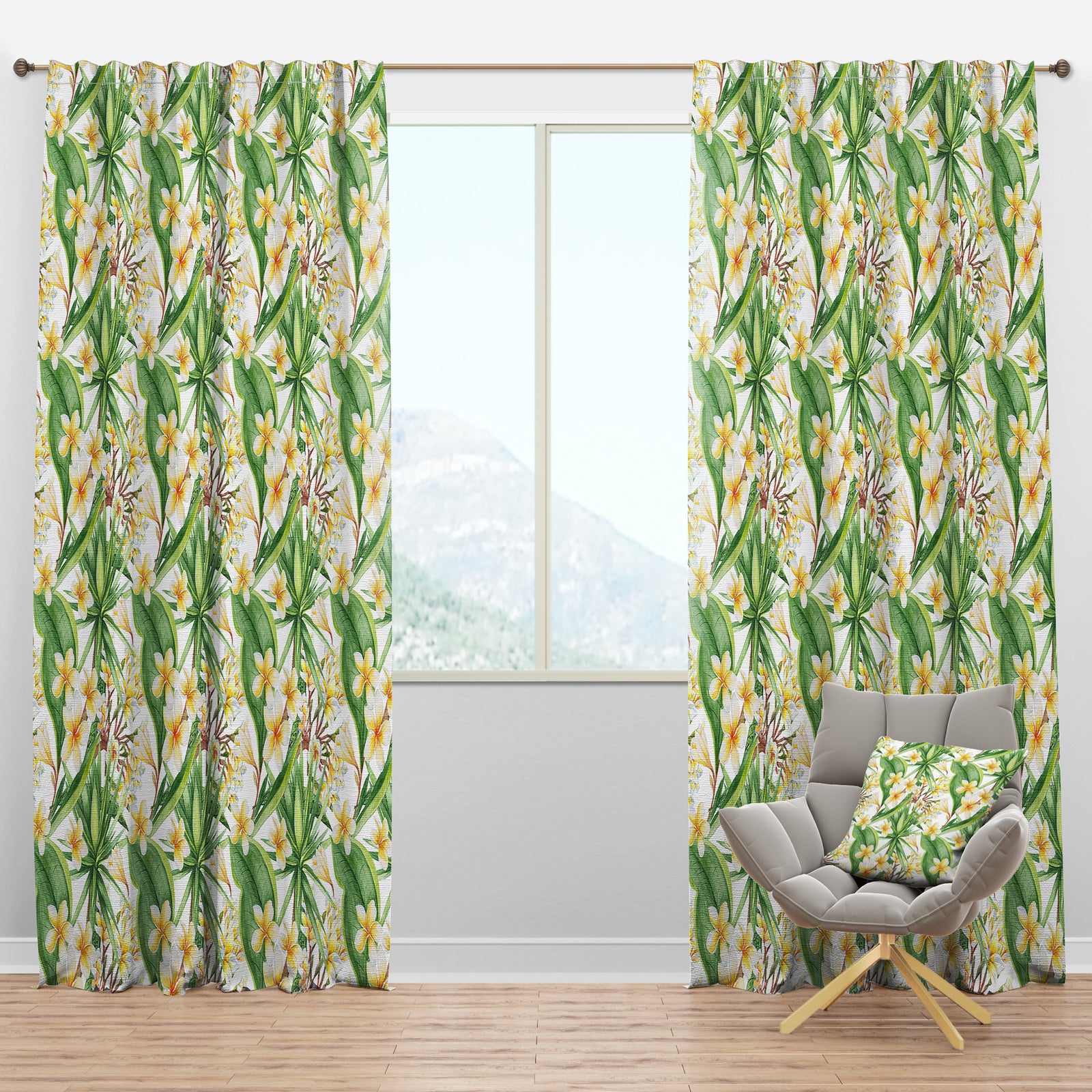 White Tropical Flowers in Botanic Setting - Floral Curtain Panels