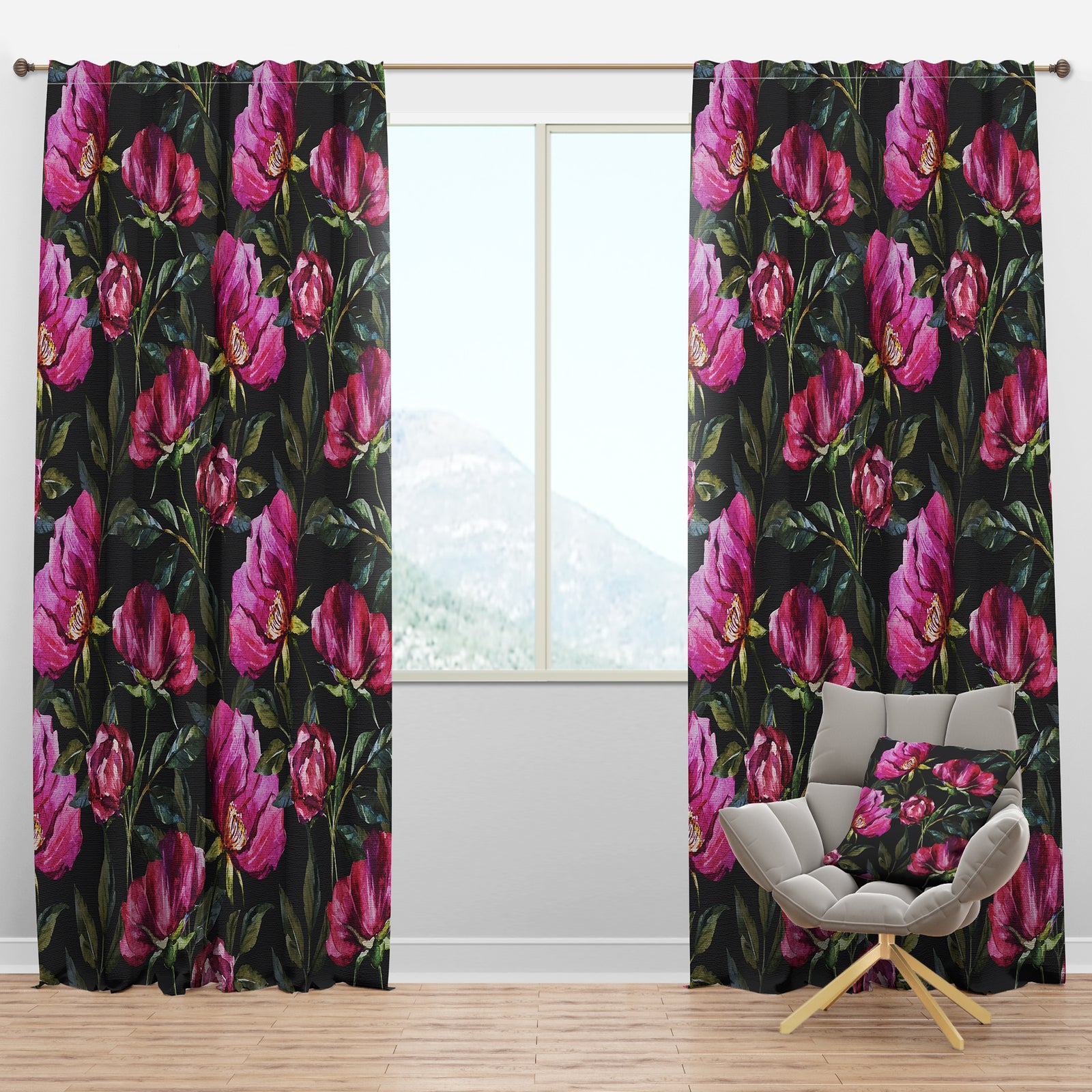 Purple Flowers on Dark - Abstract Curtain Panels