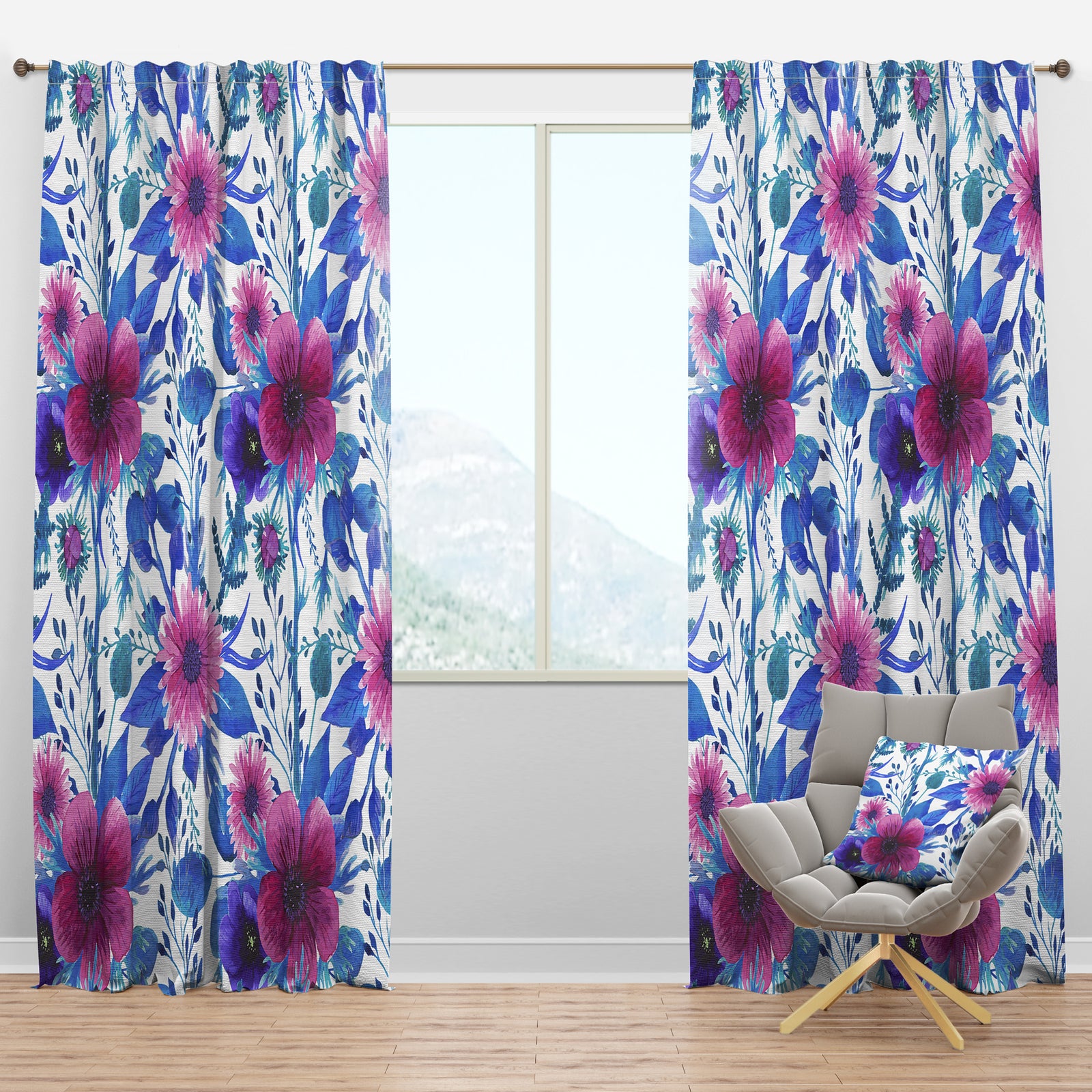Purple Pansie and Blossoming Daisies - Floral Curtain Panels