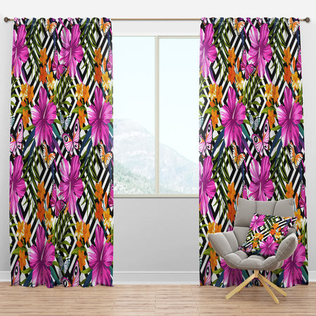 Tropical Flowers and Pink Butterflies on Geometric - Floral Curtain Panels