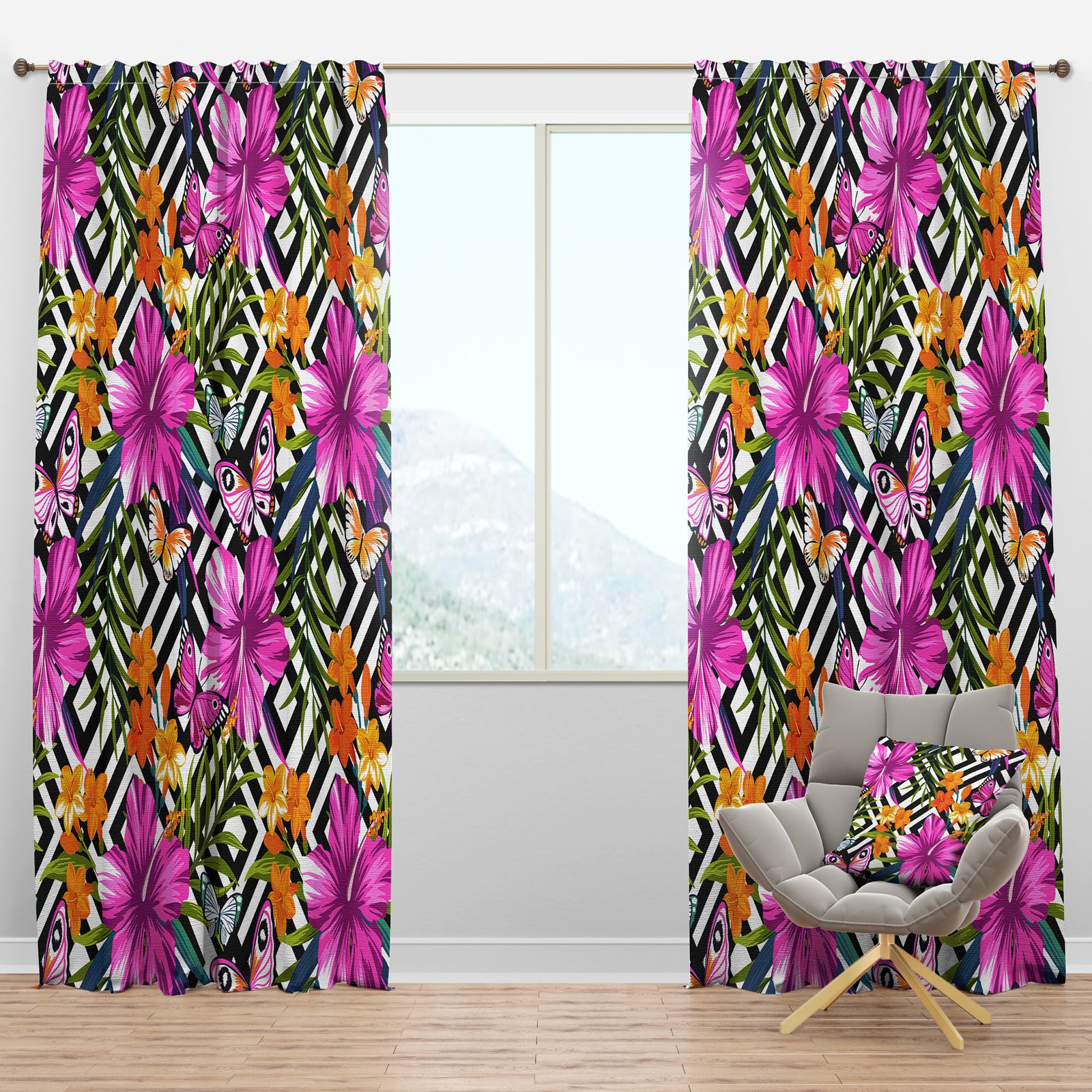 Tropical Flowers and Pink Butterflies on Geometric - Floral Curtain Panels
