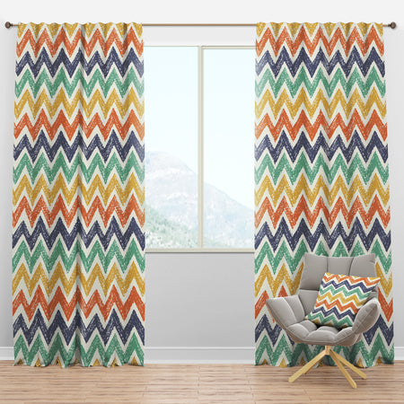 Retro Chevron in Orange, Blue and Yellow - Mid-Century Modern Curtain Panels