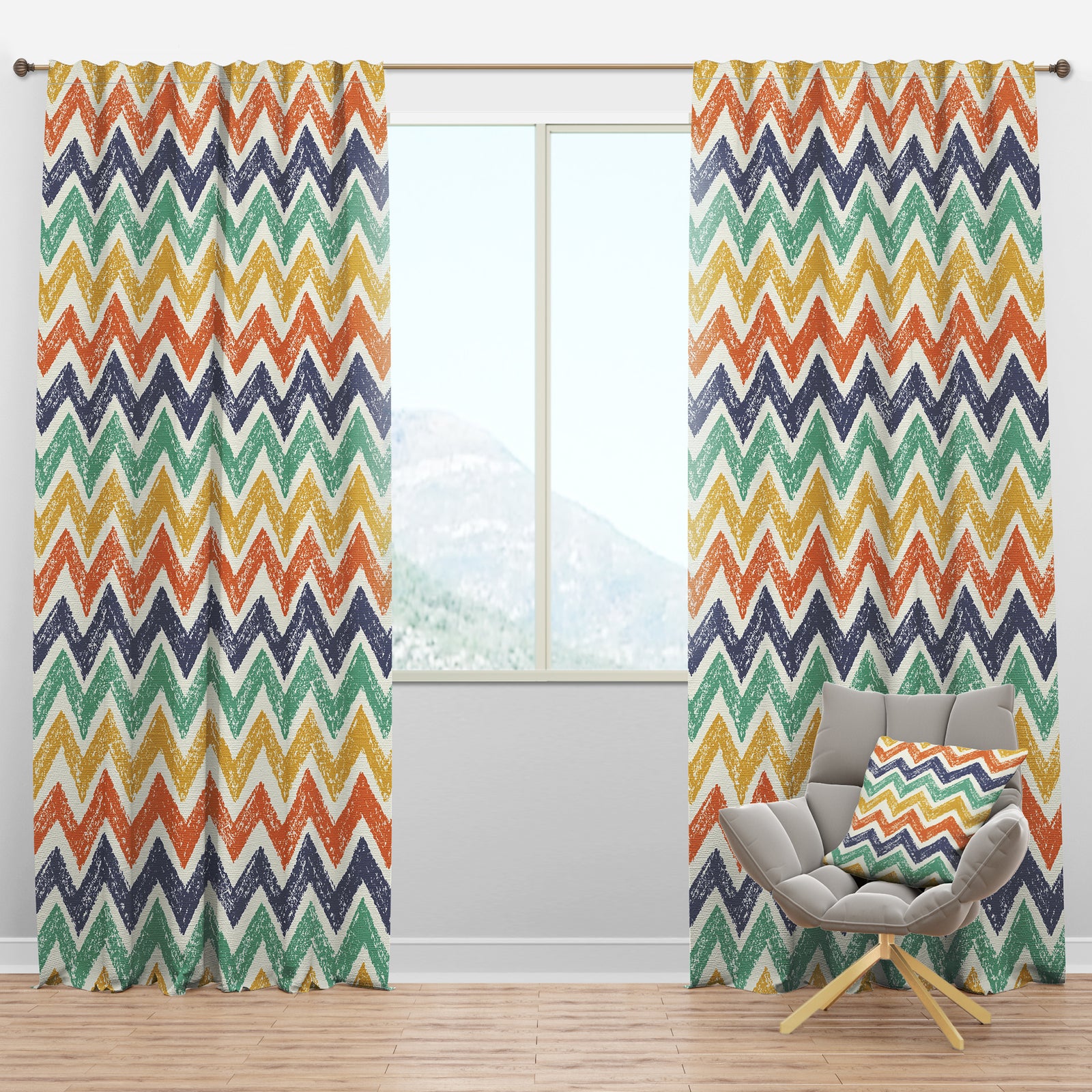 Retro Chevron in Orange, Blue and Yellow - Mid-Century Modern Curtain Panels