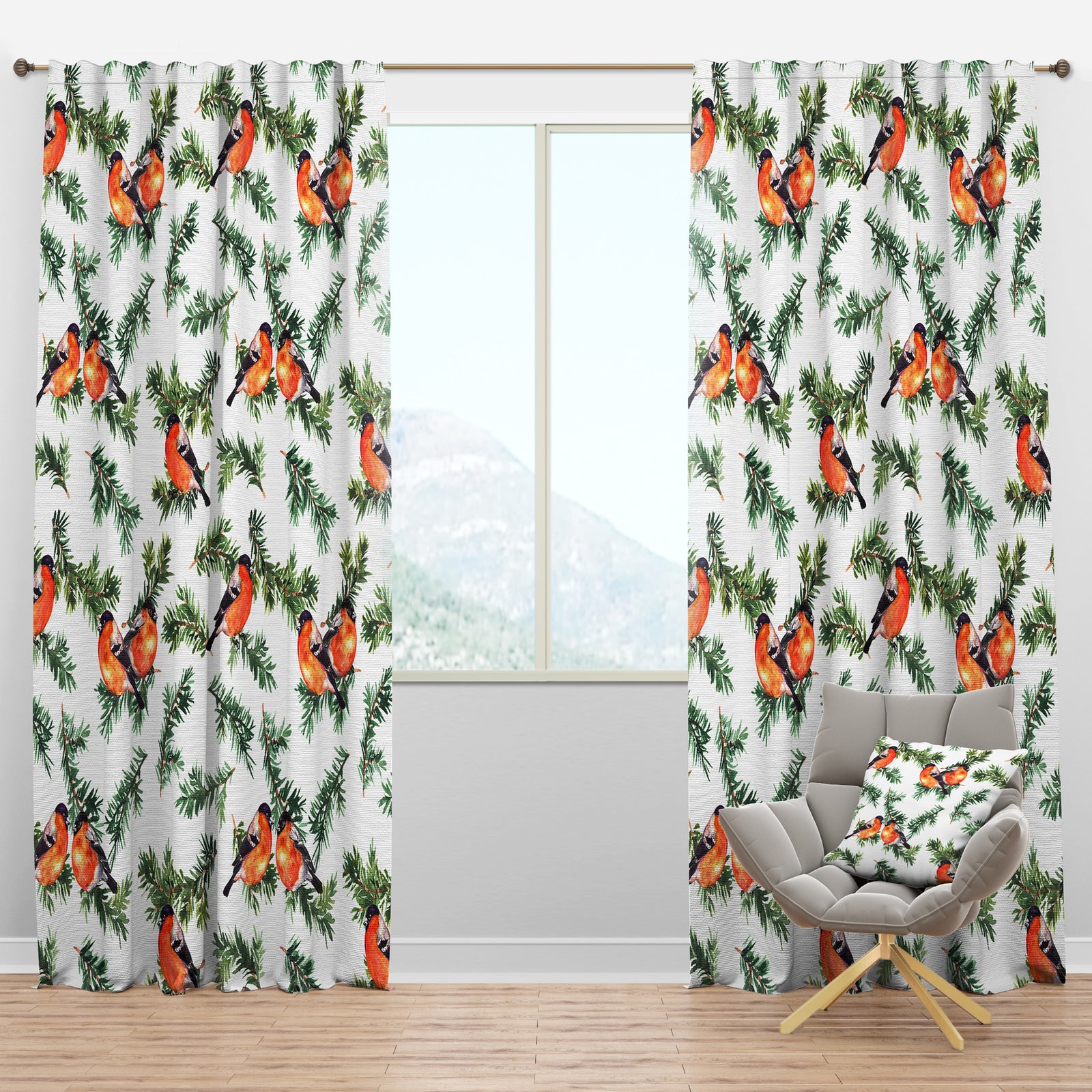 Robin Birds On Pine Branch - Animals Curtain Panels