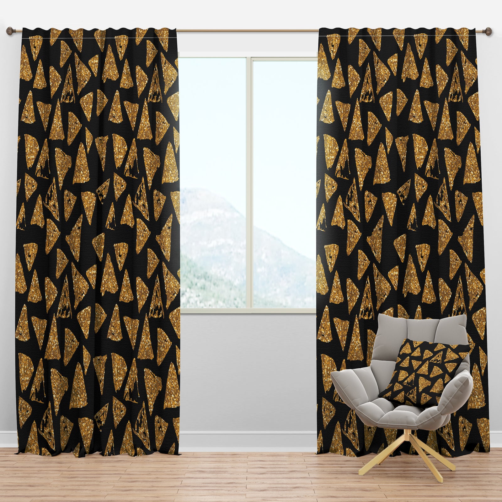 Golden Glitter Triangles on Black - Modern & Contemporary Curtain Panels