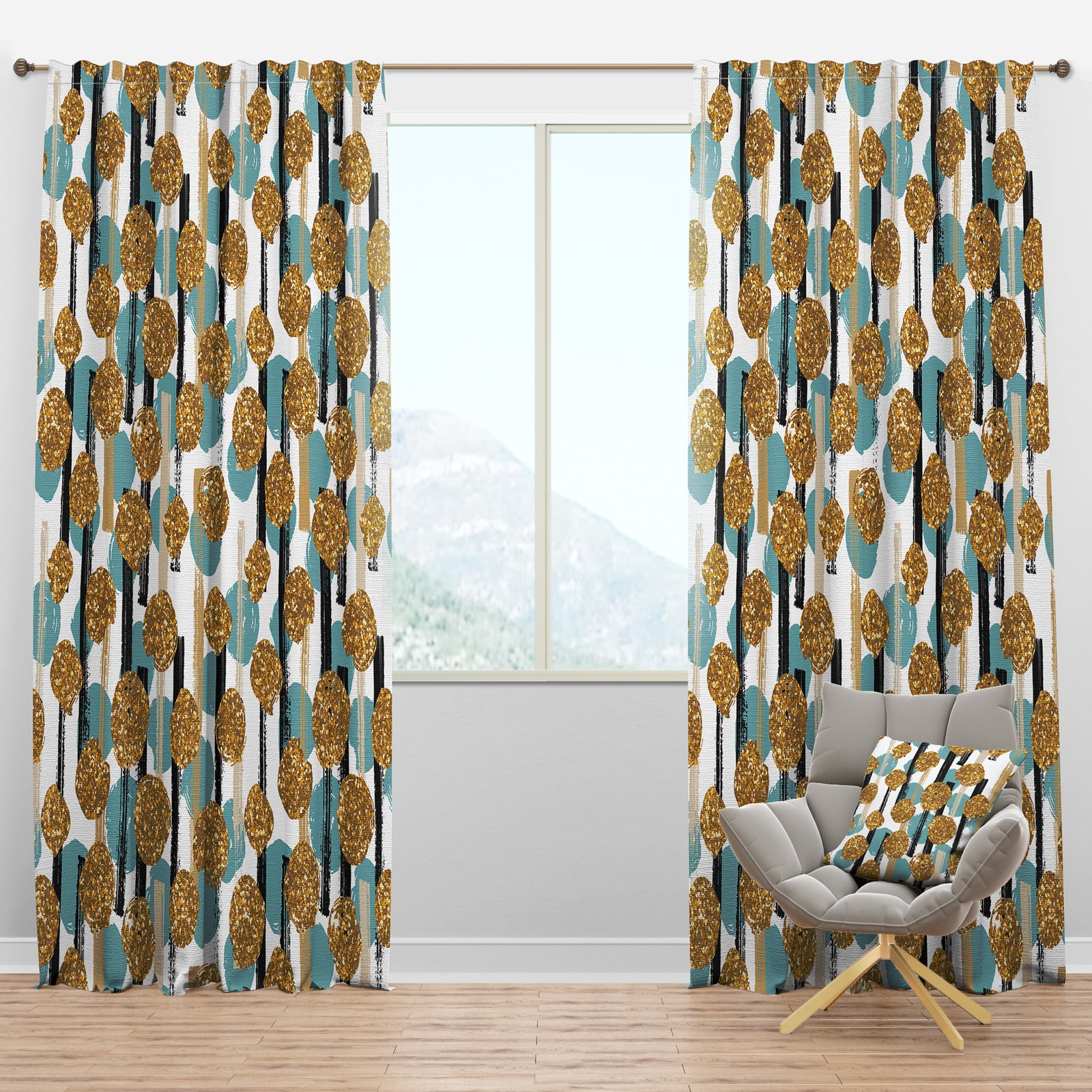 Hand drawn Blue and Golden Glitter Circles - Modern & Contemporary Curtain Panels