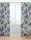 Blue Bird And Blue and Purple Blossoming Flowers - Floral Curtain Panels