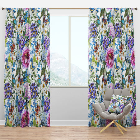 Blue Bird And Blue and Purple Blossoming Flowers - Floral Curtain Panels