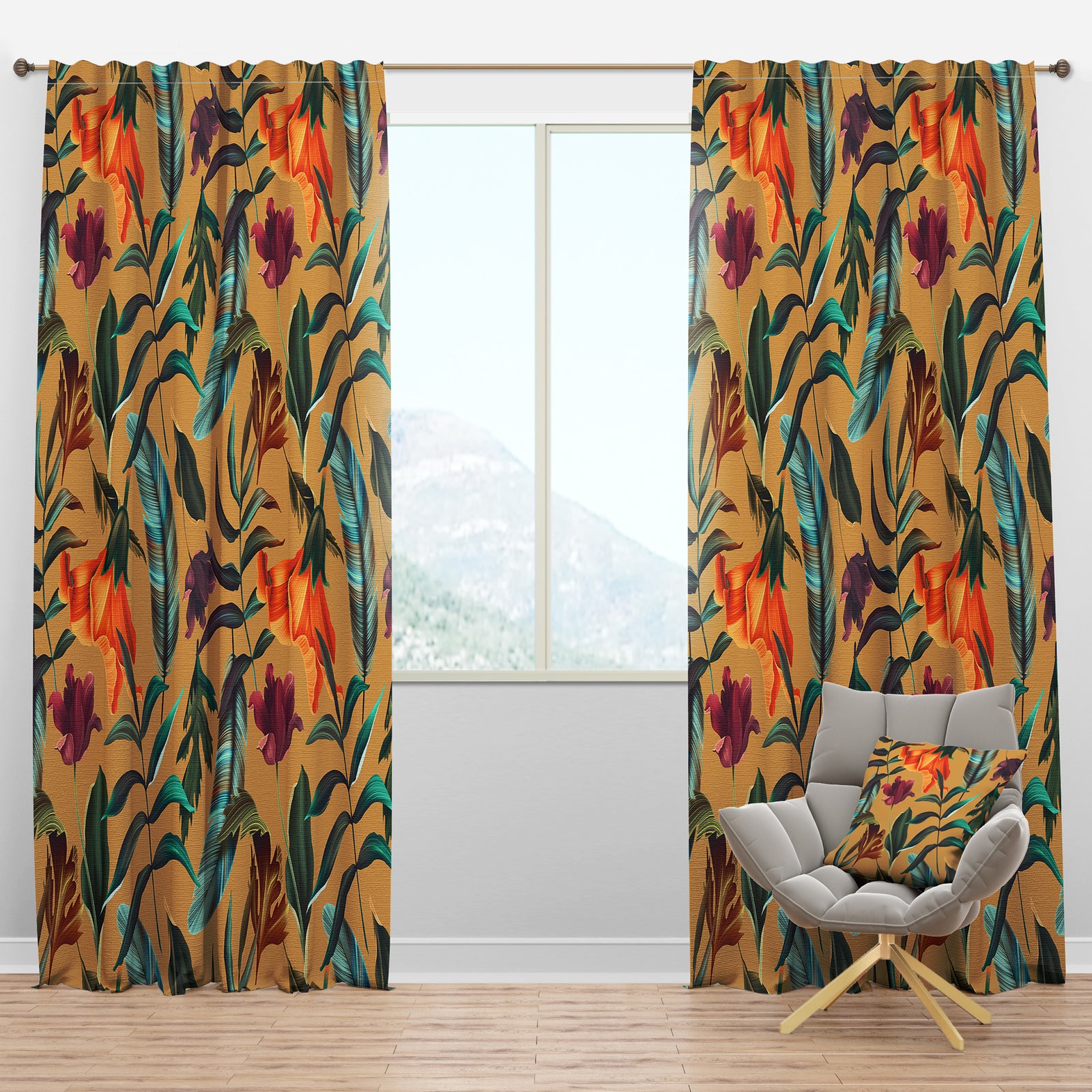 Retro Tropical Flowers and Feathers - Vintage Curtain Panels