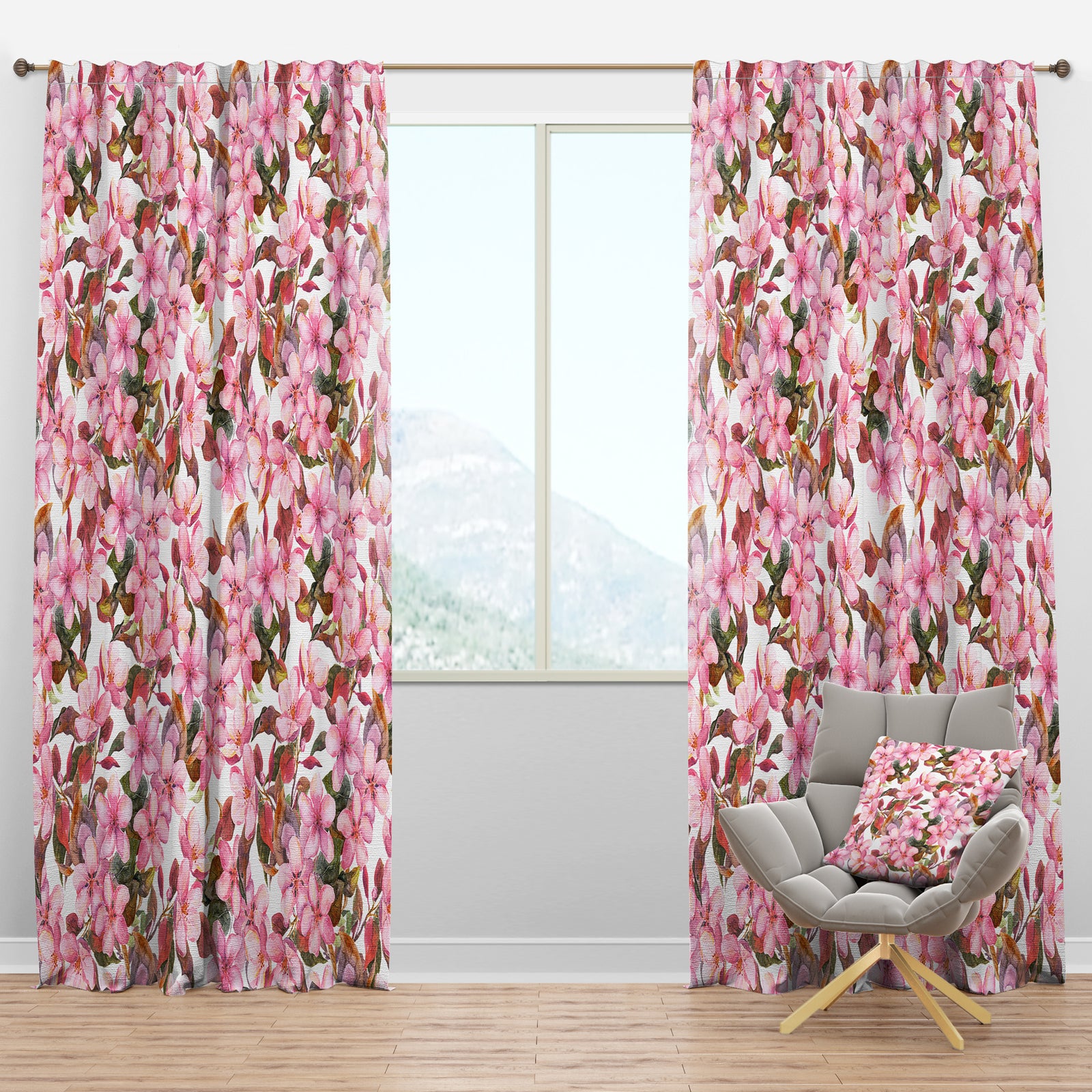 Pink Blossoming Tropical Flowers - Traditional Curtain Panels