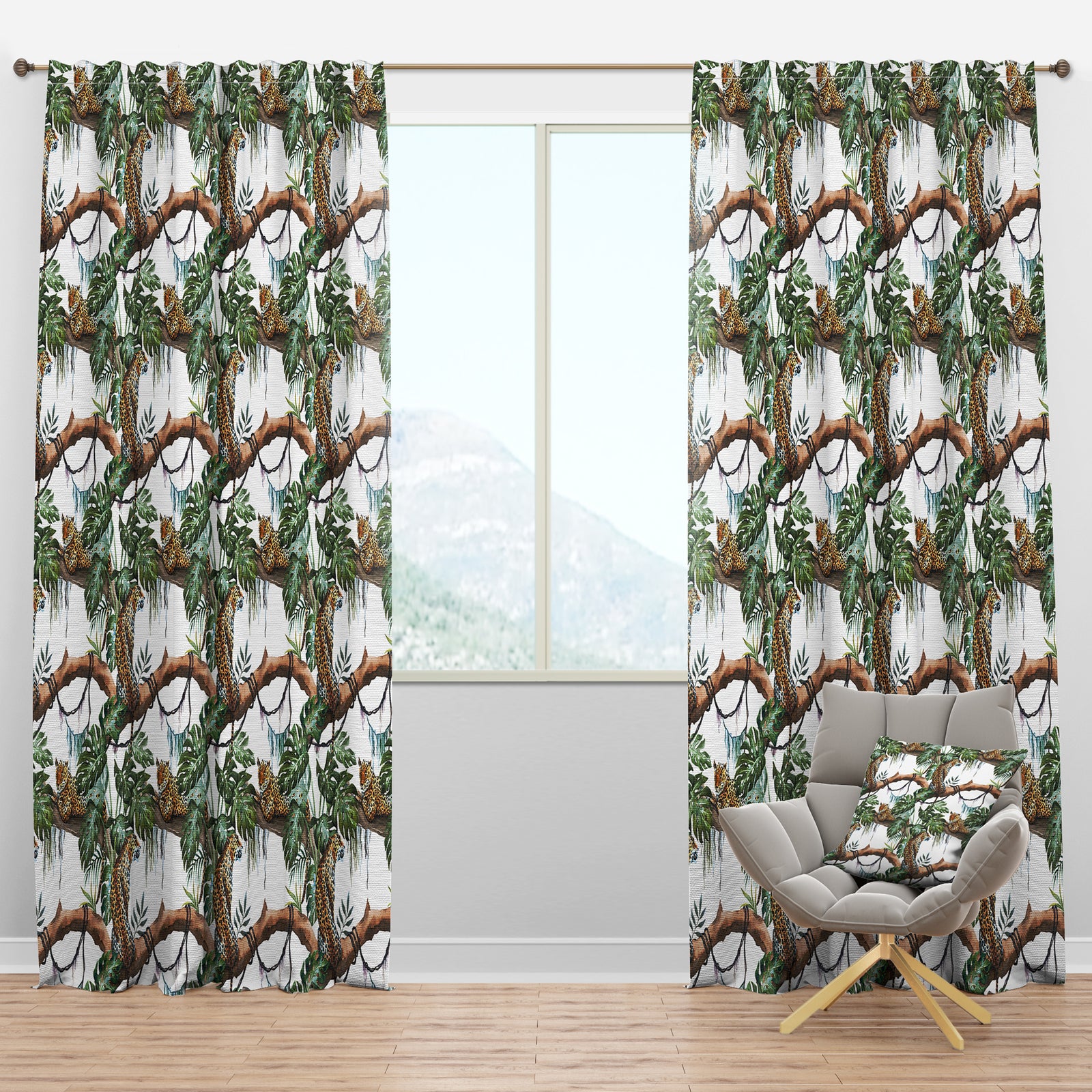Leopard Resting on Brench Watercolor - Animals Curtain Panels