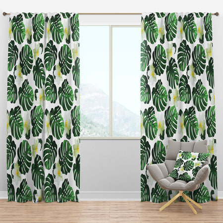 Monstera Leaves with Blossoming Exotic White Flowers - Floral Curtain Panels