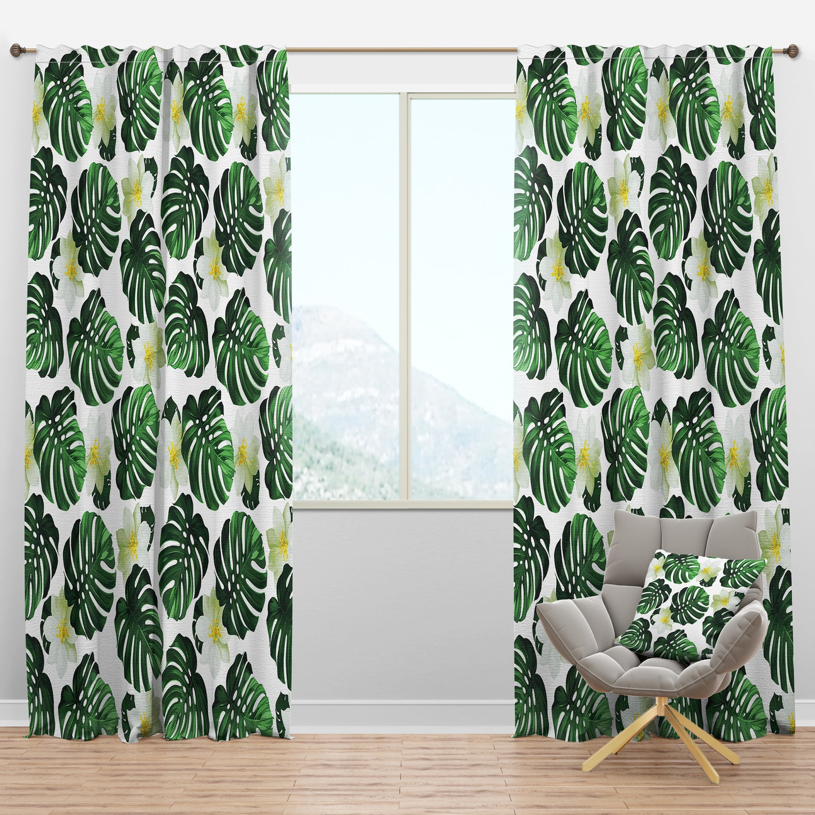 Monstera Leaves with Blossoming Exotic White Flowers - Floral Curtain Panels