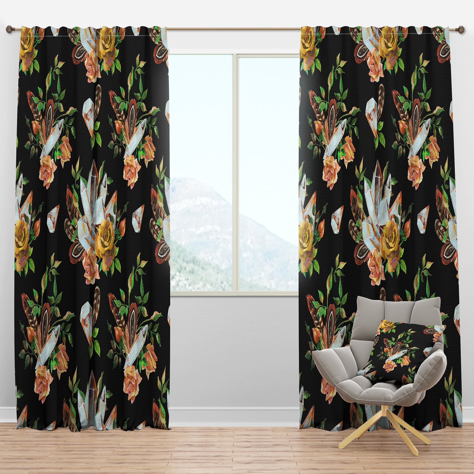 Watercolor Painting of Chrystals, Feathers and Roses - Floral Curtain Panels