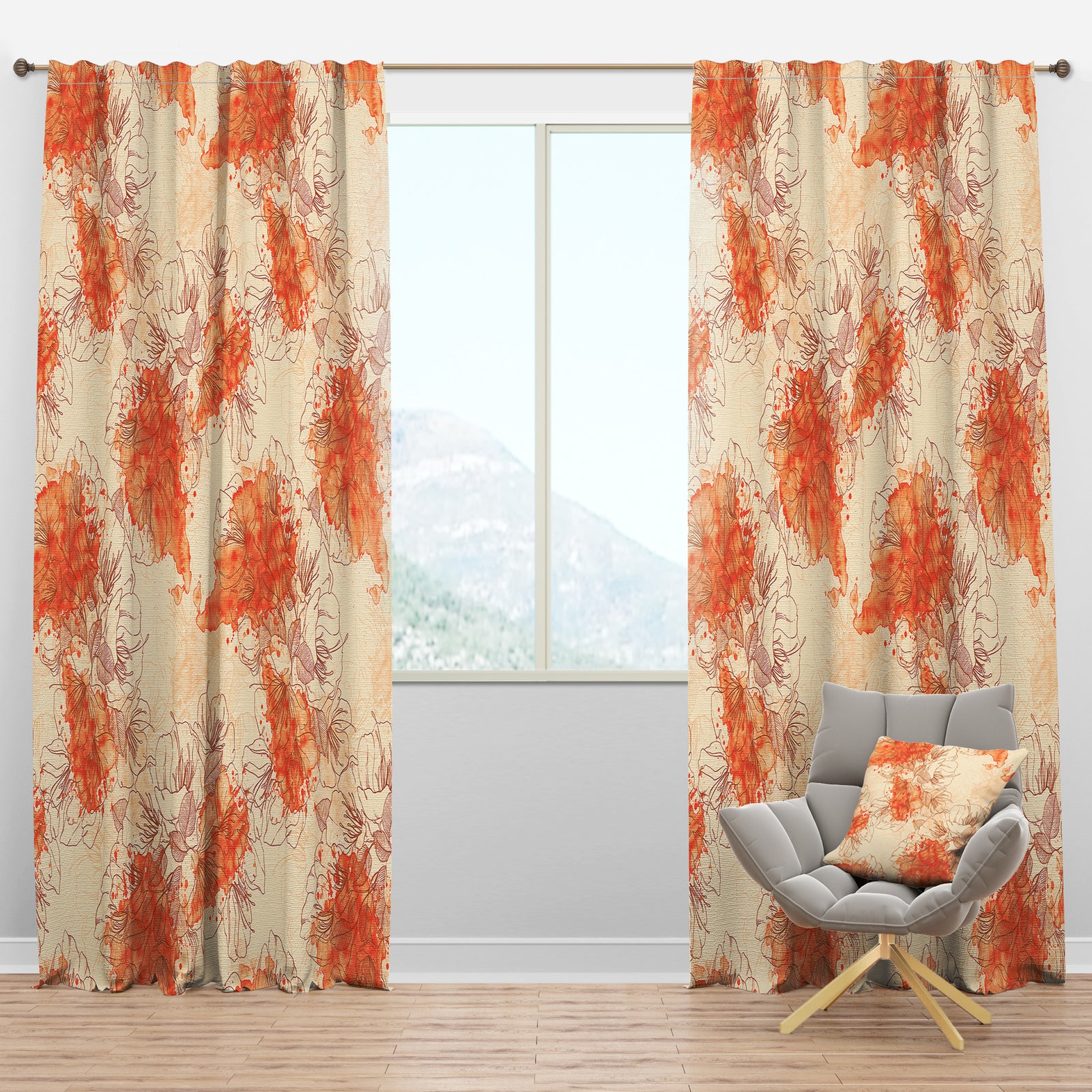 Handdrawn Asian Flowers with Orange Watercolor - Floral Curtain Panels
