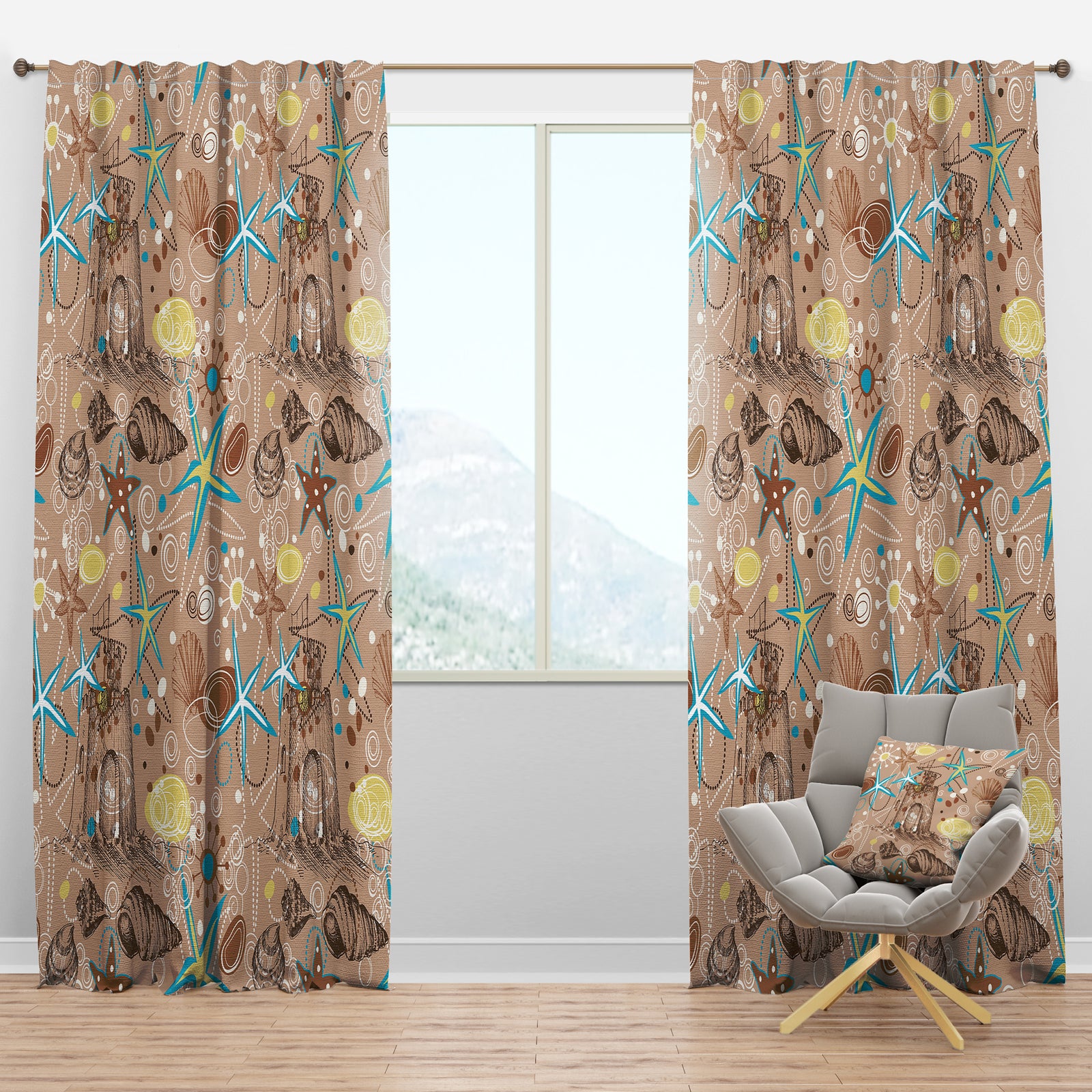 Beach life atmosphere with shells and sea stars - Coastal Curtain Panels