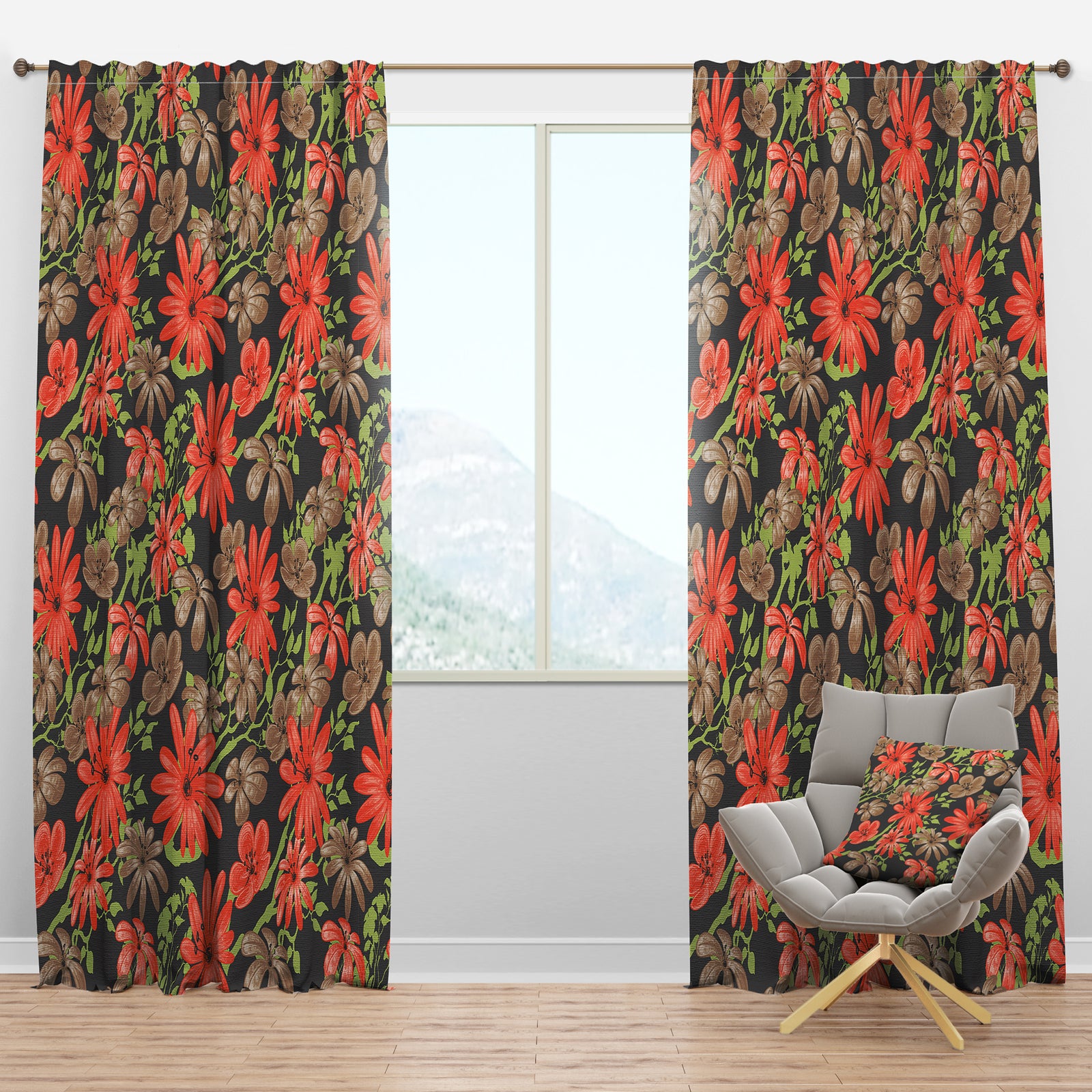 Red and Brown Flowers with of Green Branches - Floral Curtain Panels
