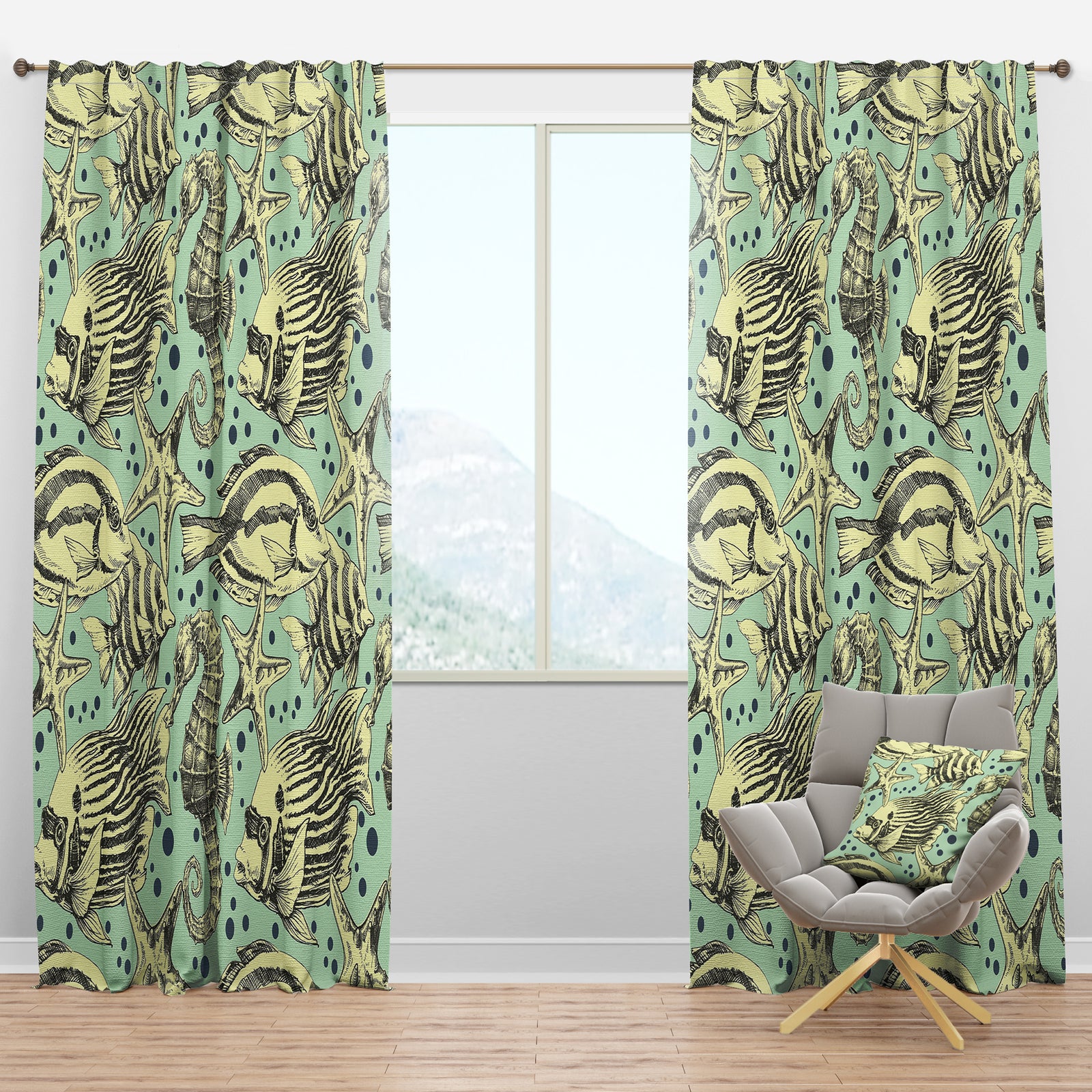 Deep sea lufe with fish and sea horse - Coastal Curtain Panels