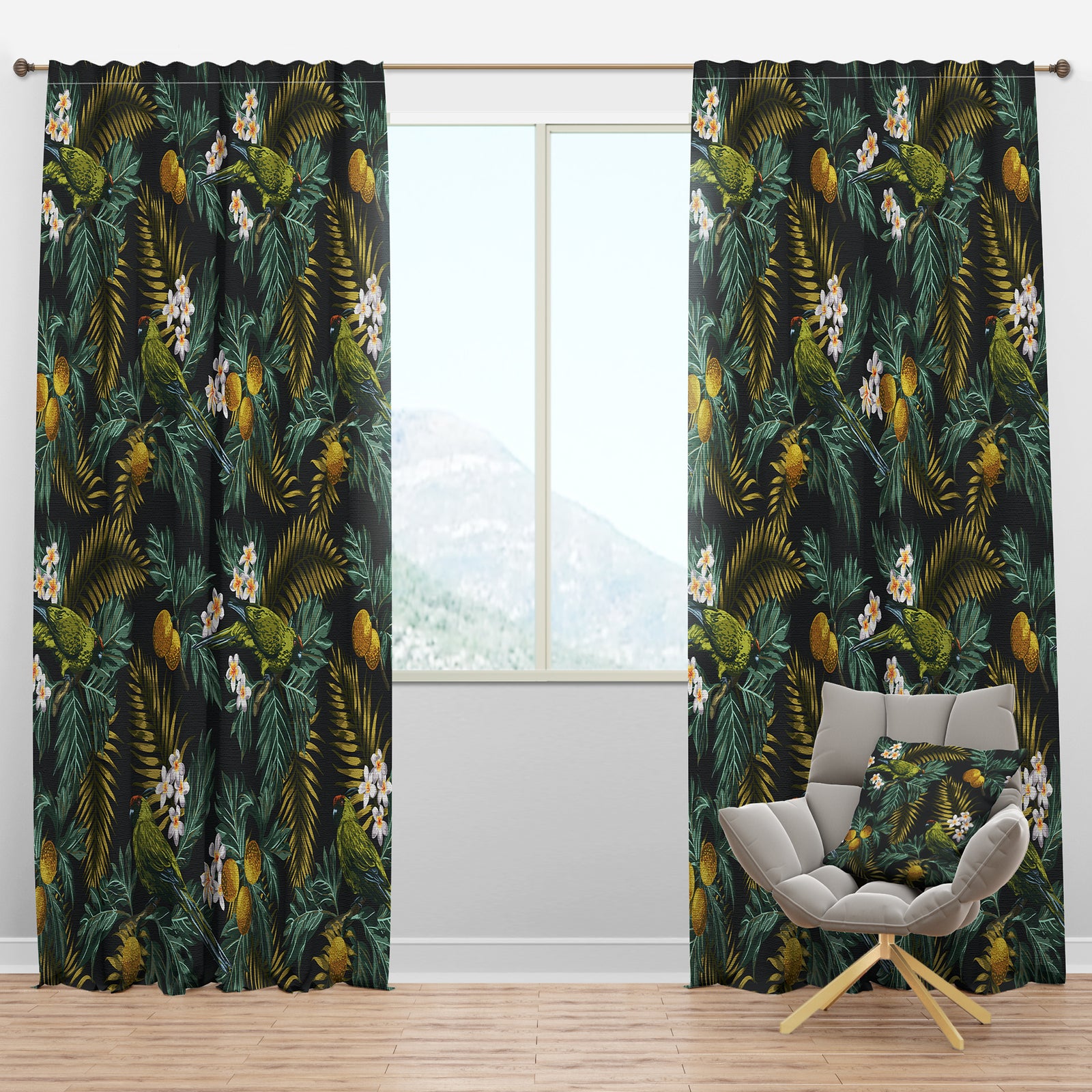Tropical Leaves with Lemons and Green Bird - Animals Curtain Panels