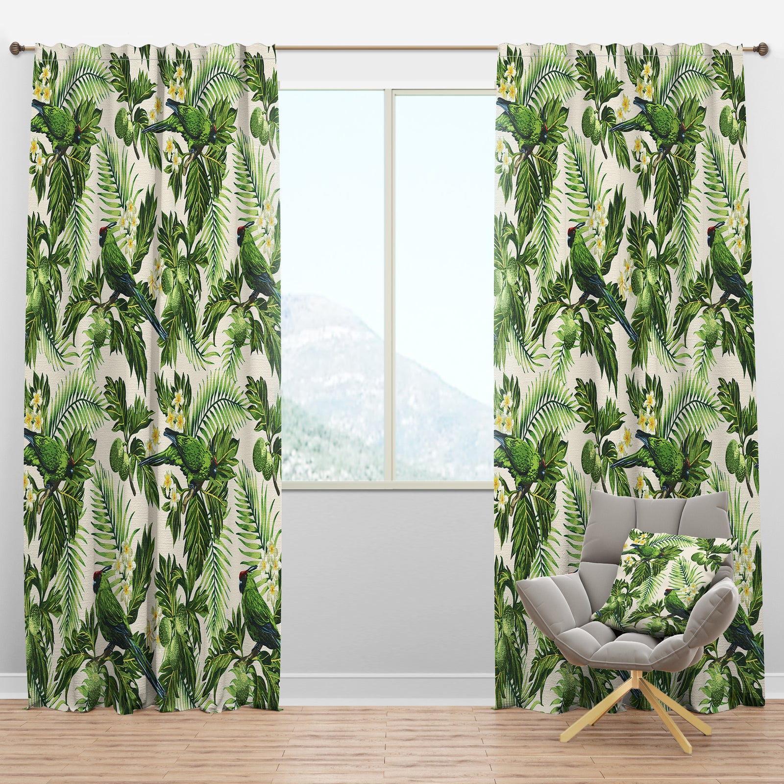 Tropical Leaves, Green Bird and White Flowers - Animals Curtain Panels