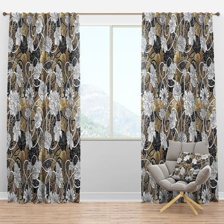 White Drawn Flowers with Black Roses on Brown - Floral Curtain Panels