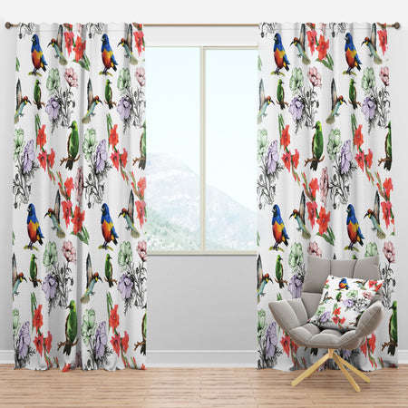 Hummingburds and Blosssoming Drawn Flowers - Floral Curtain Panels
