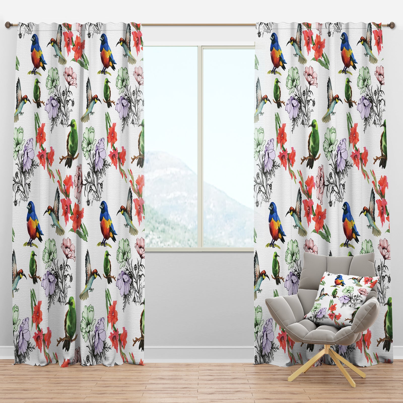 Hummingburds and Blosssoming Drawn Flowers - Floral Curtain Panels