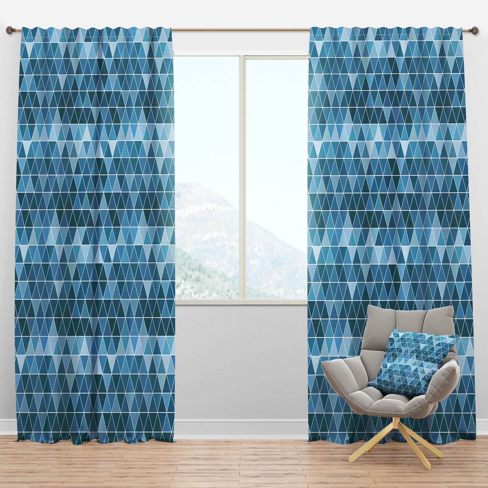 Triangular Geometry in Shades of Blue - Modern & Contemporary Curtain Panels