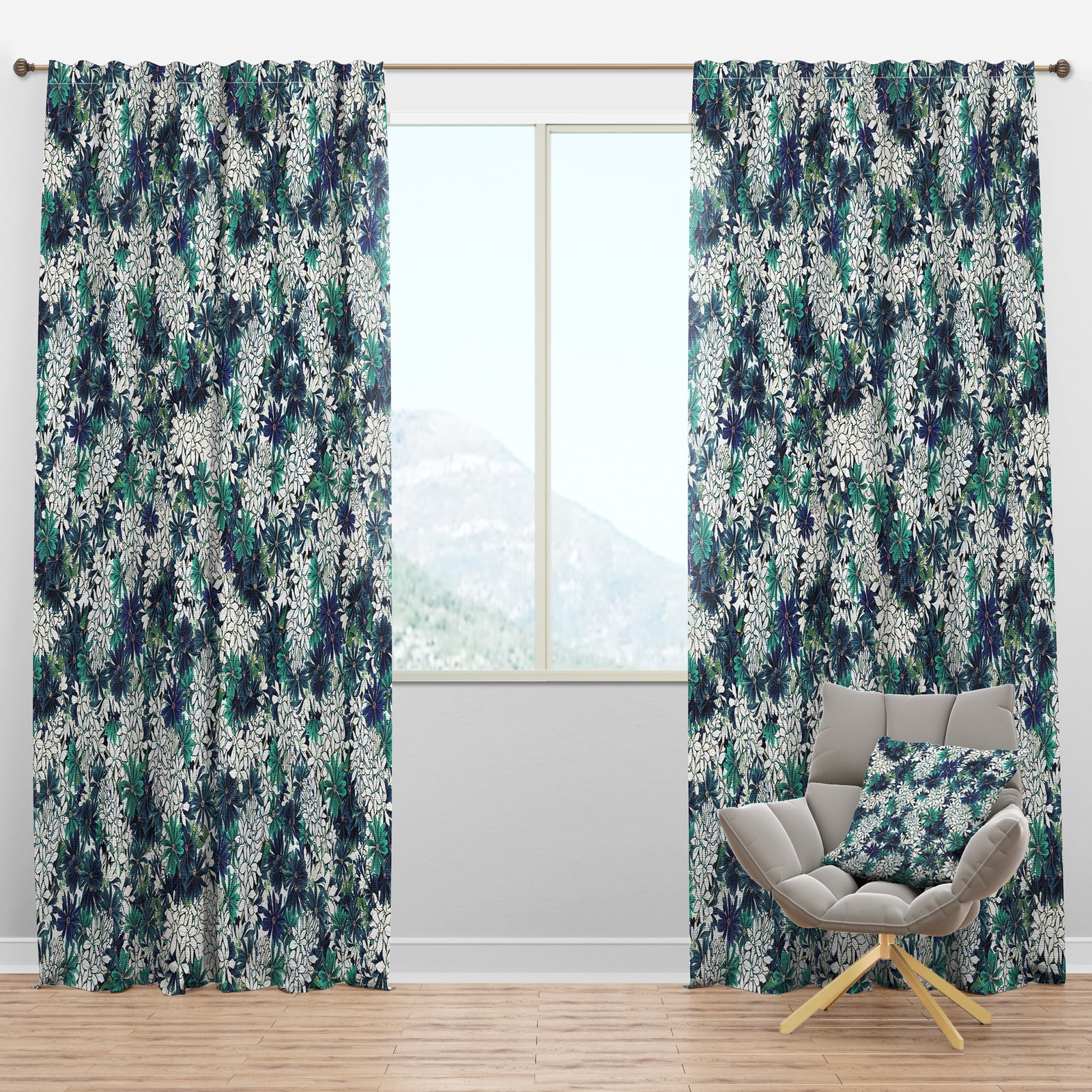 Turquoise and White Ocean Of Flowers - Floral Curtain Panels