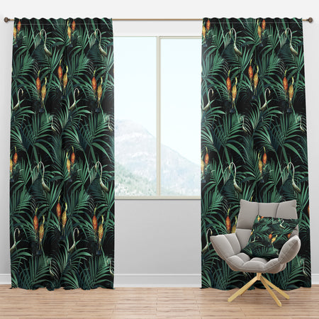 Tropical Yellow Birds On Black With Green Jungle Leaves - Abstract Curtain Panels
