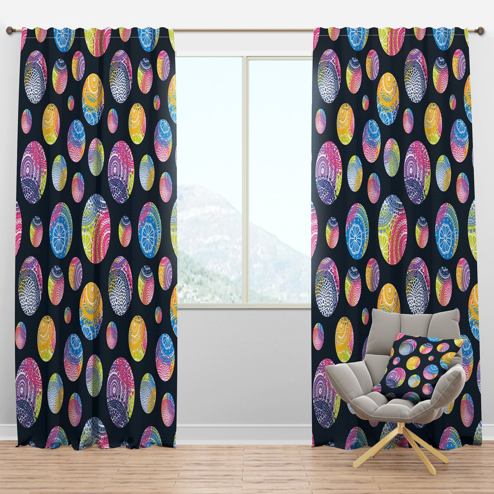 Lace Patterned Circles on Dark Blue - Modern & Contemporary Curtain Panels