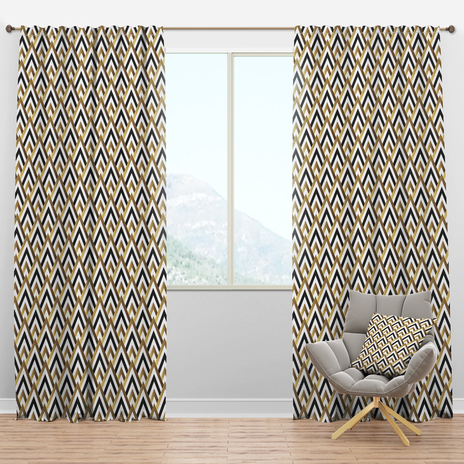 Gold black and white triangle - Mid-Century Modern Curtain Panels
