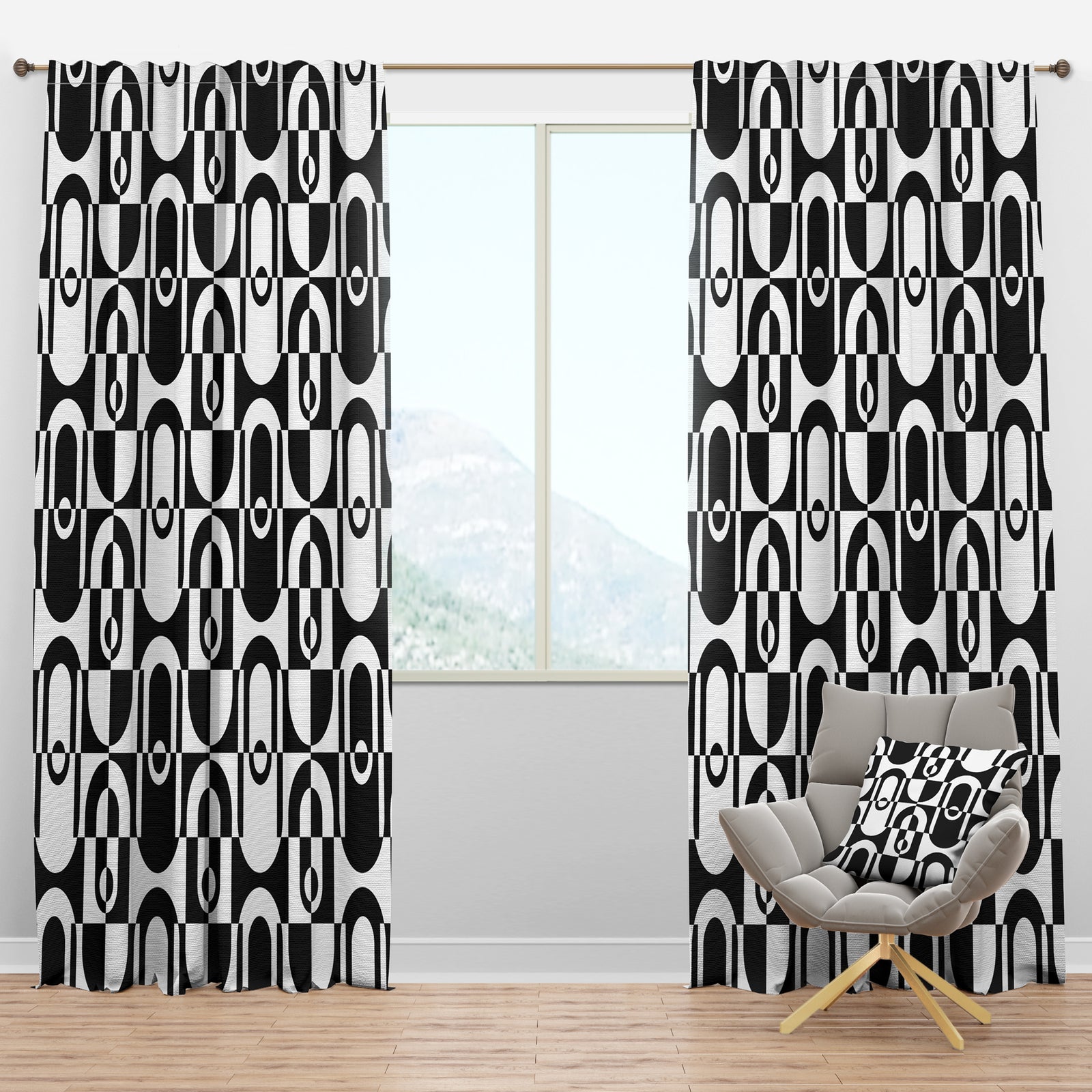 Monochrome Geometric Pattern VIII - Mid-Century Modern Curtain Panels