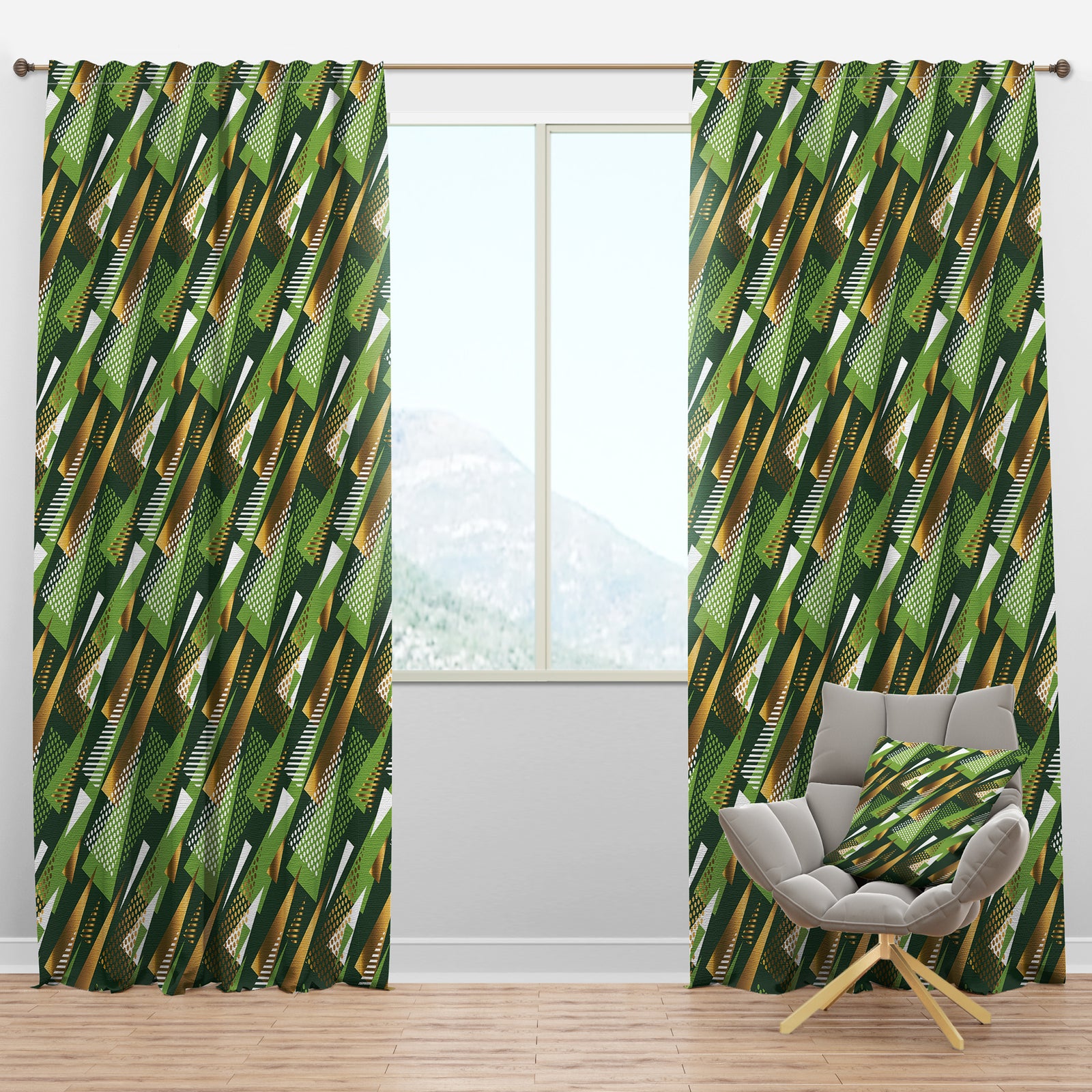 Triangular Gold and Green Design I - Mid-Century Modern Curtain Panels