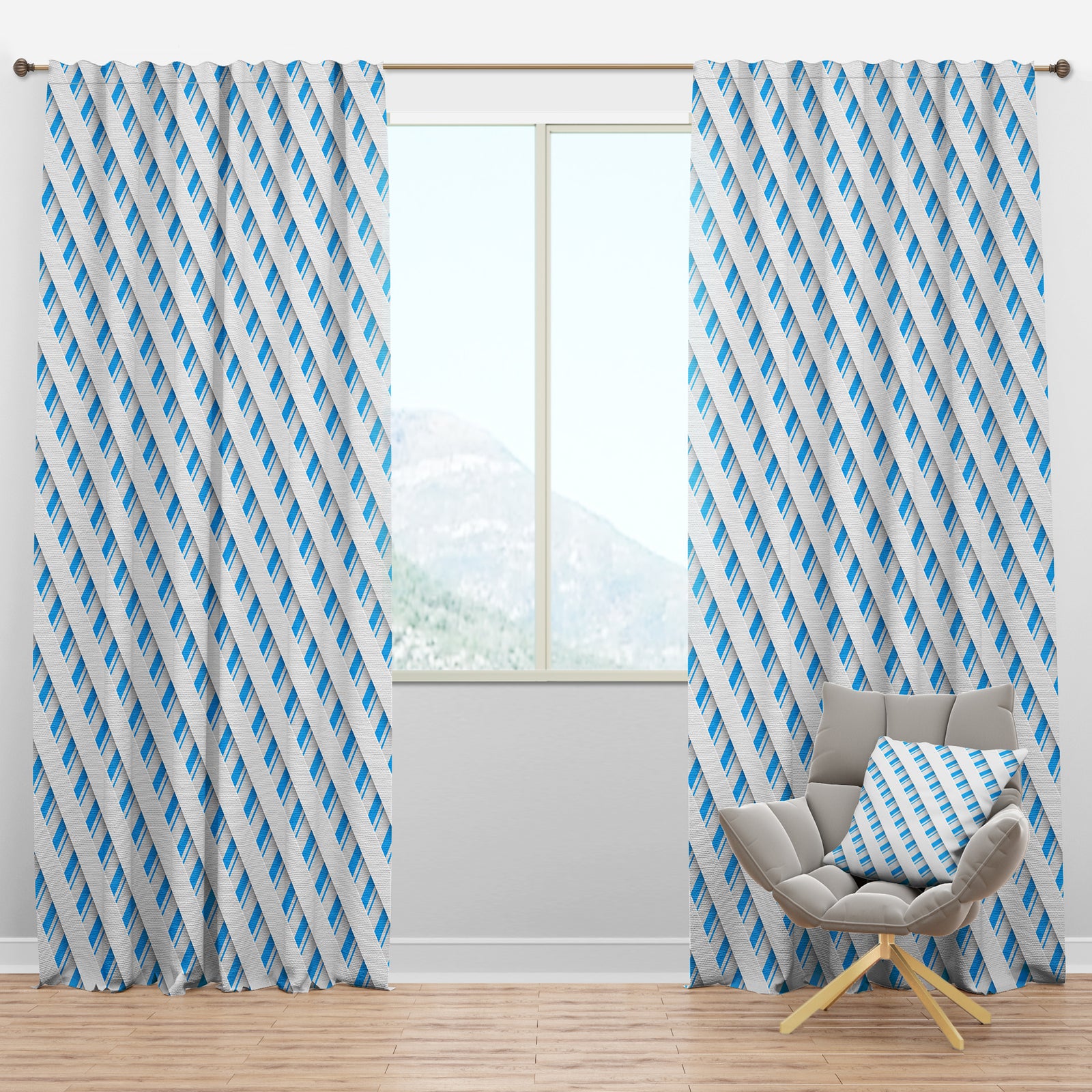 3D White And Blue Pattern VI - Mid-Century Modern Curtain Panels
