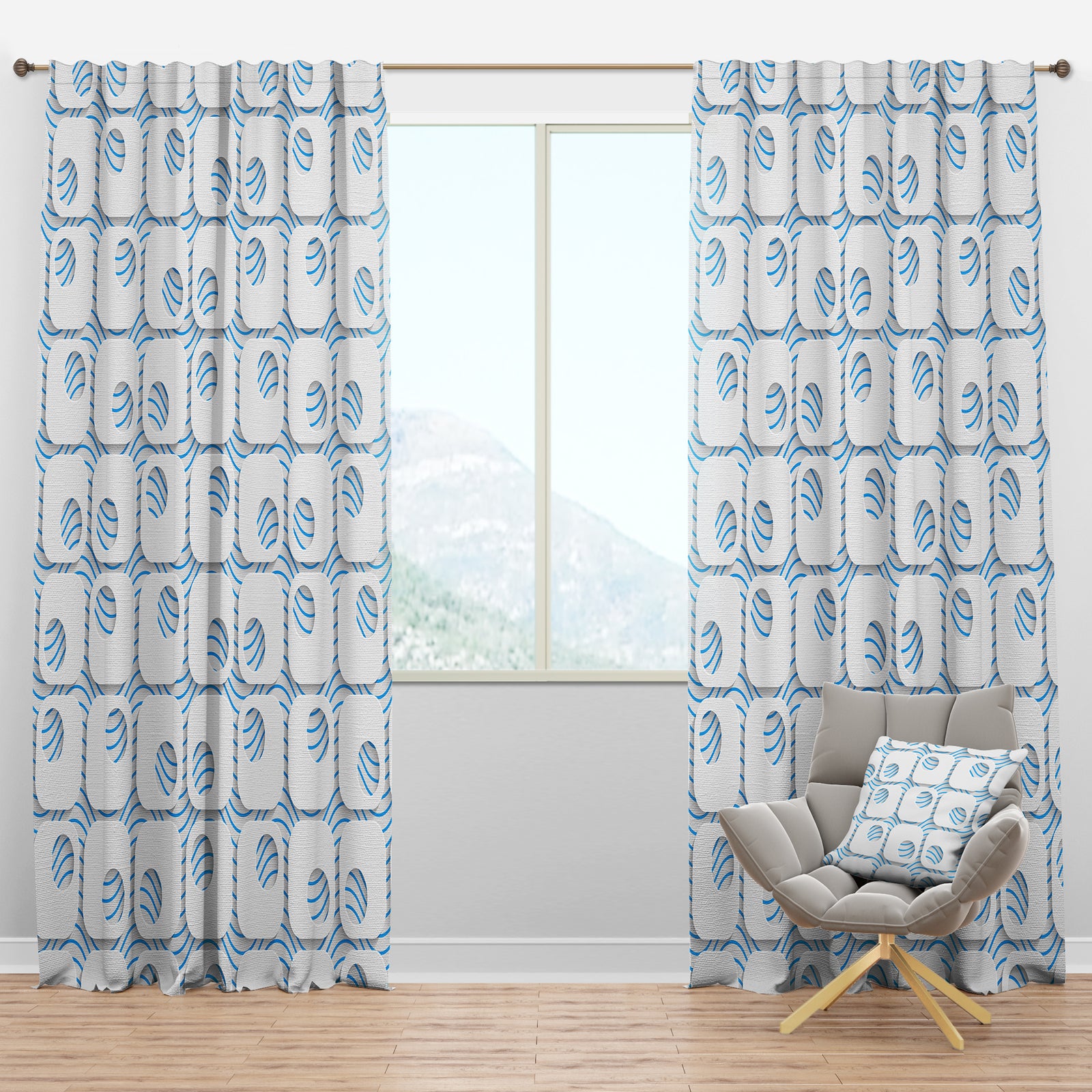 3D White And Blue Pattern III - Mid-Century Modern Curtain Panels