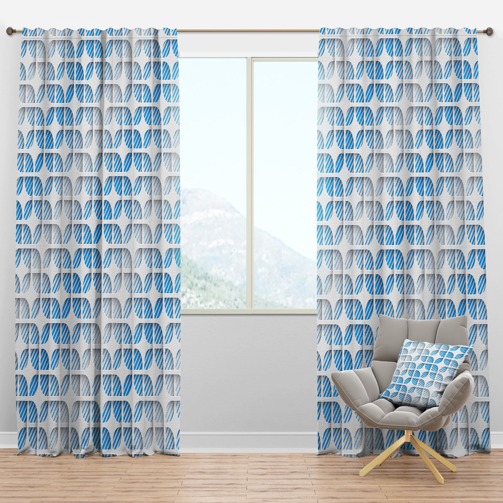 3D White And Blue Pattern II - Mid-Century Modern Curtain Panels