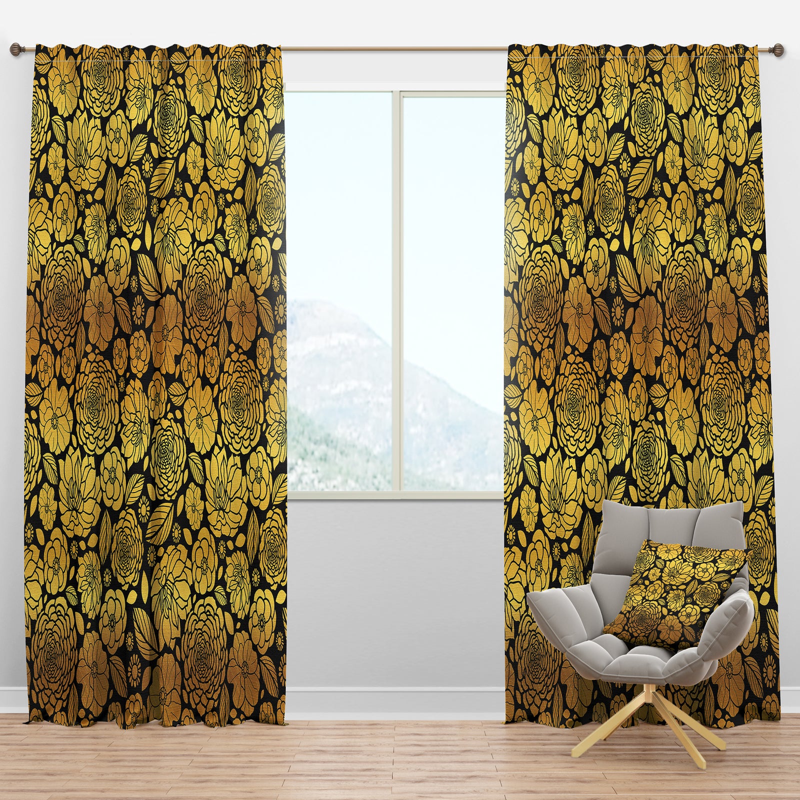 Golden Floral II - Mid-Century Modern Curtain Panels